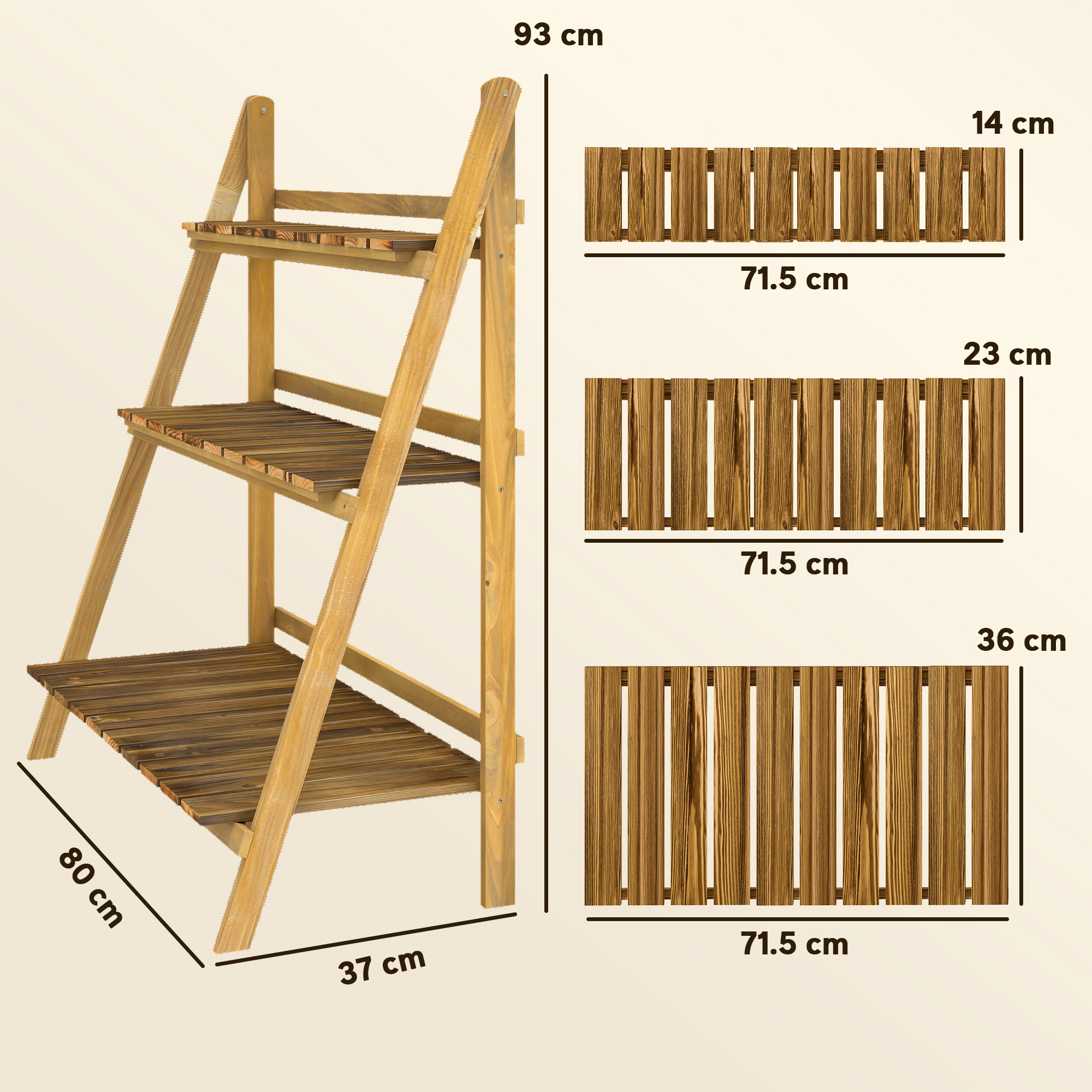  Suport pentru Plante Pliabil, Jardiniera cu 3 Niveluri, Raft de Exterior pentru Plante, 80x37x93 cm, Lemn Natural [2]