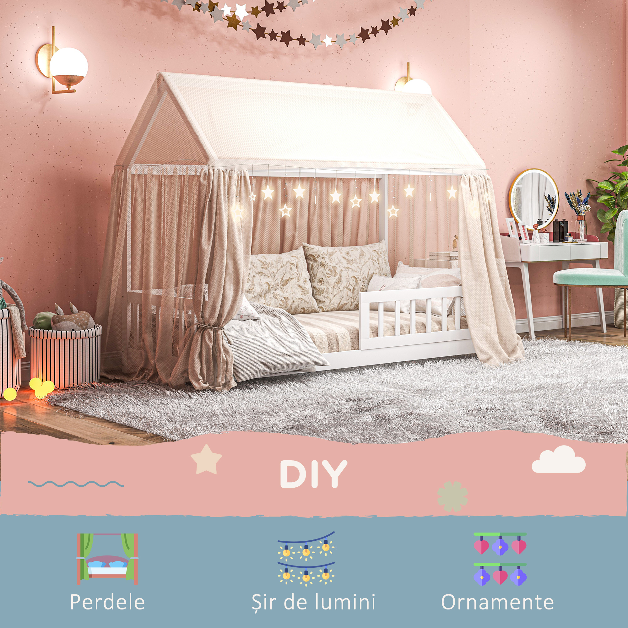  Pat Montessori pentru Copii in Forma de Casuta cu 15 sipci si Bariere de Protectie, 96x195x165 cm, Alb [4]