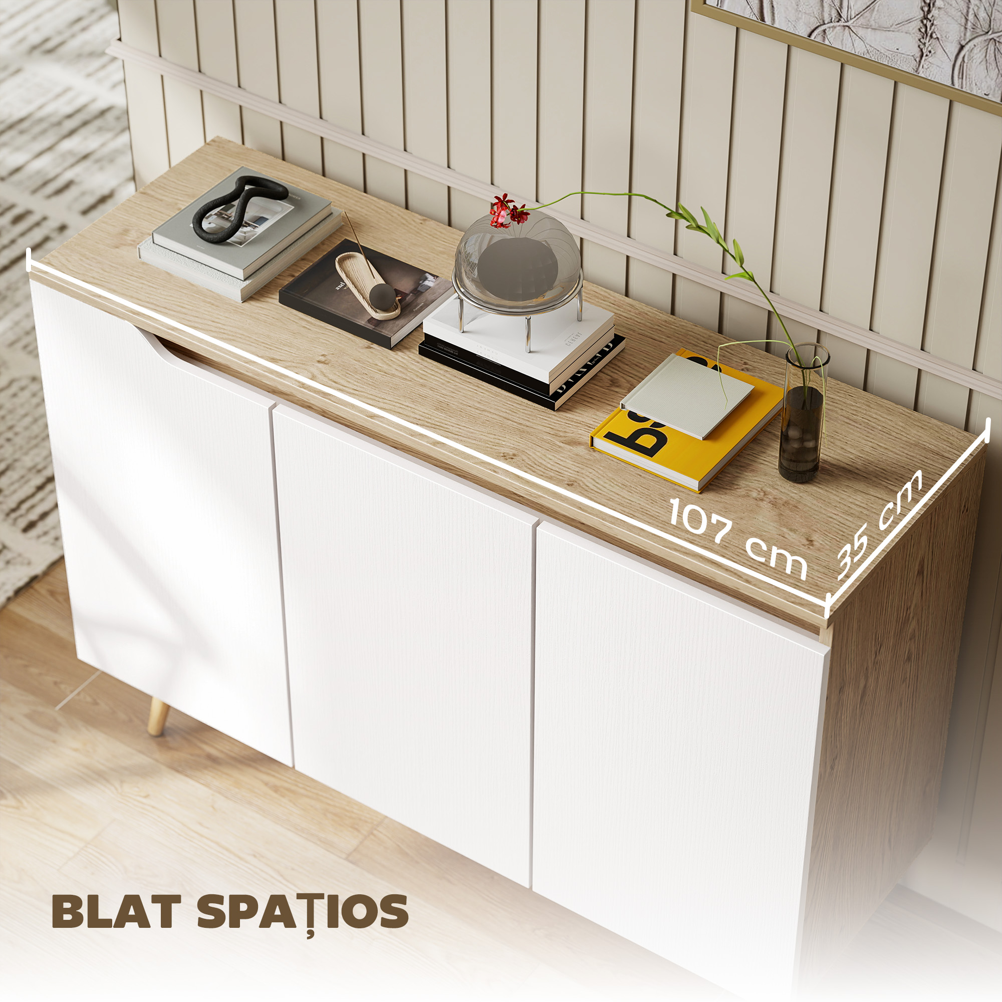  Bufet de Bucatarie, Mobilier de Bucatarie cu 3 Usi, Rafturi Reglabile si 5 Picioare din Lemn de Cauciuc, Stil Modern, Bufet pentru Living, Sufragerie, Alb si Stejar [5]