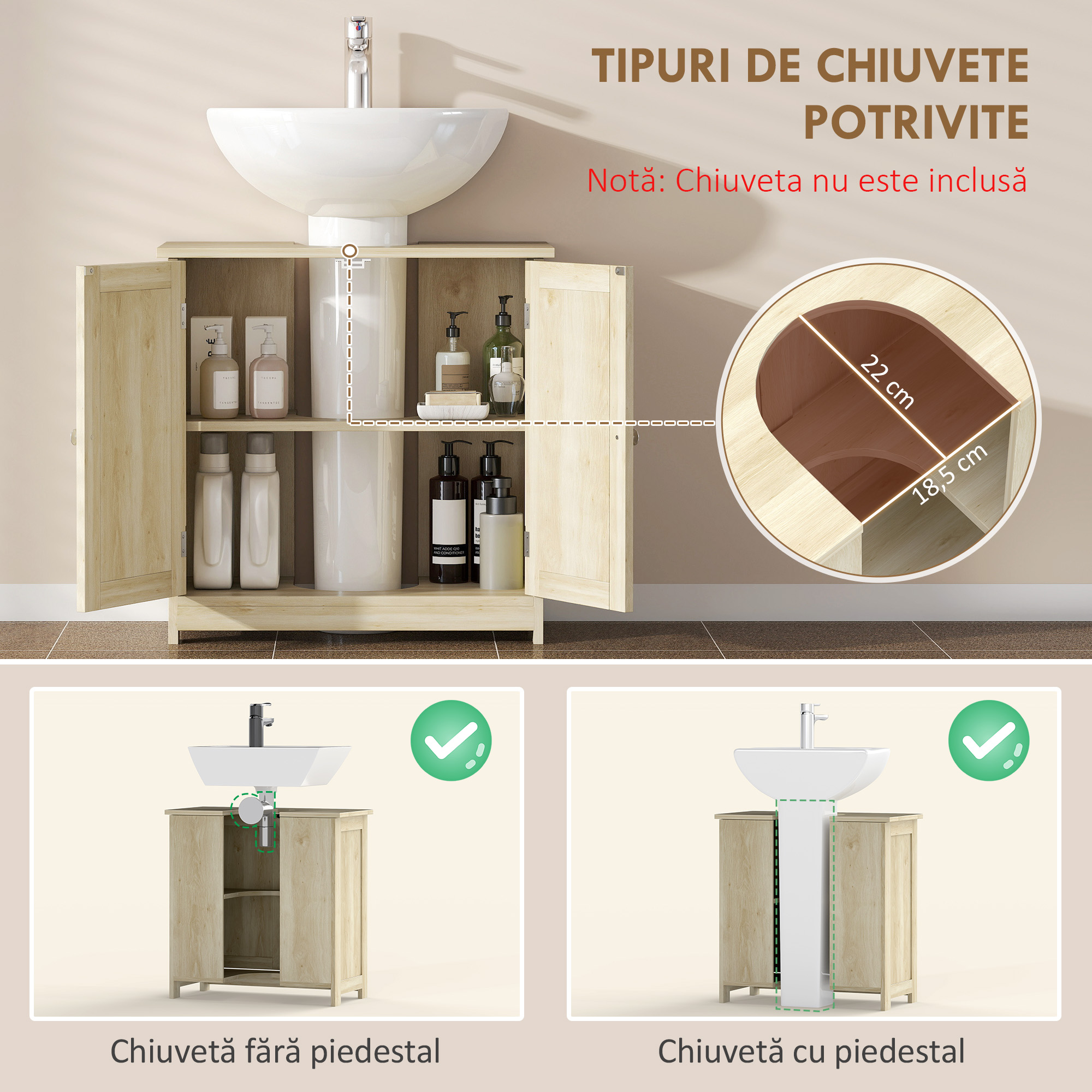  Dulap Sub Chiuveta cu 2 Usi si Raft Reglabil, Dulap de Baie Spatios cu Decupaj in Forma de U, 60x30x60 cm, Alb [3]