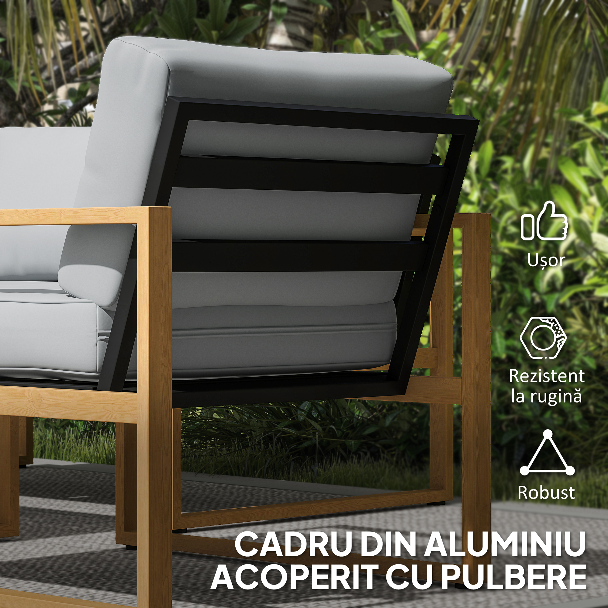 Set de Gradina  4 Piese cu 2 Fotolii, Divan si Masuta, din Aluminiu si Fibra, Gri si Culoare Lemn [6]