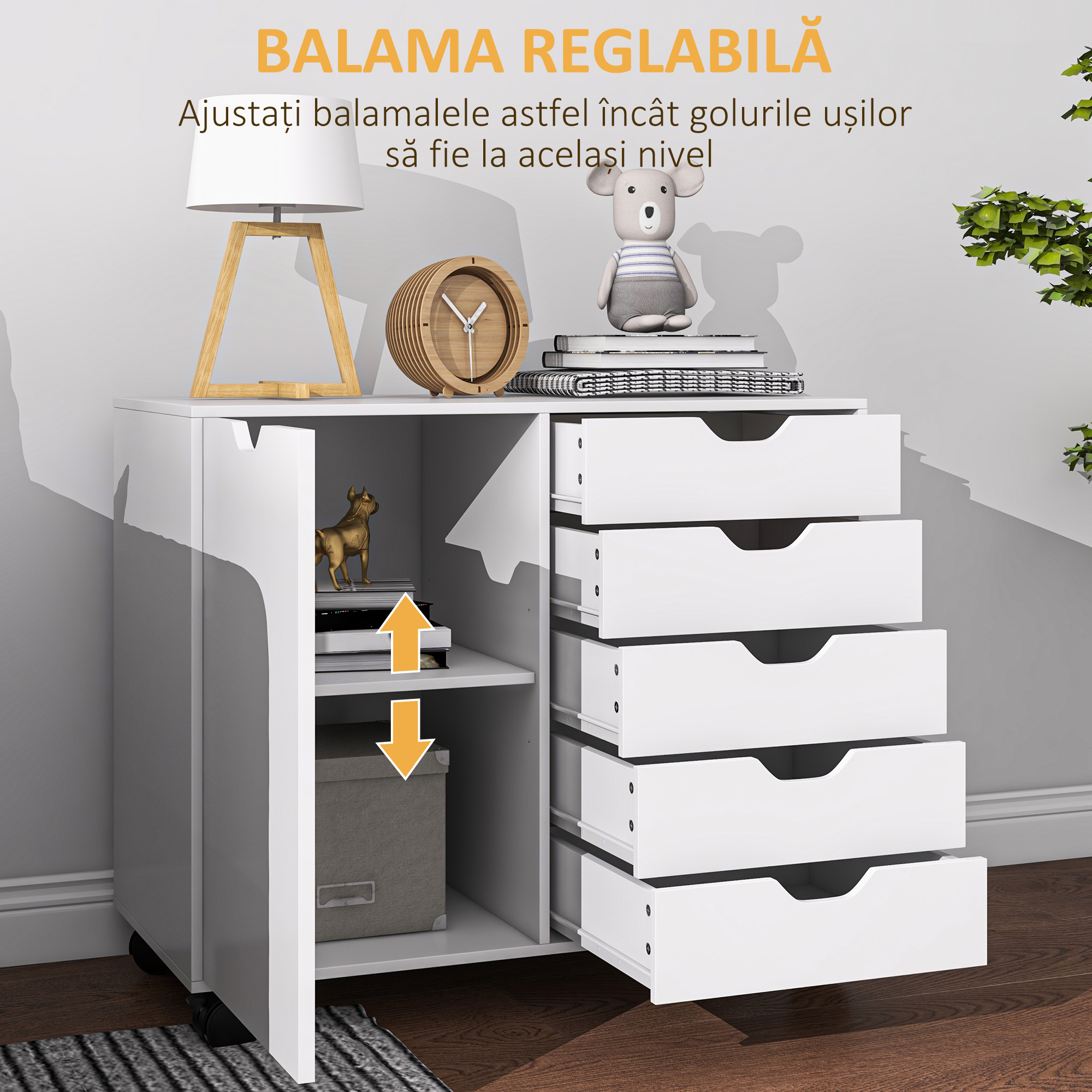  Dulap Lateral cu 5 Sertare, Dulap cu Raft Reglabil, Mobilier pentru Birou pe Roti, Suport pentru Imprimanta pentru Biroul de Acasa, Alb [7]