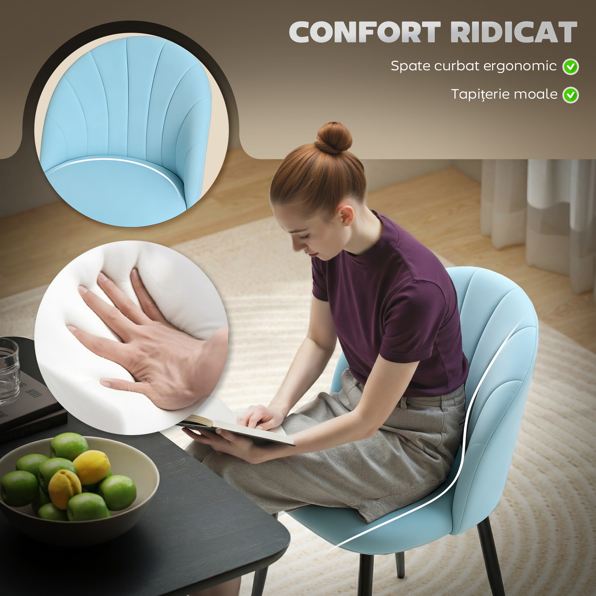 , Scaun de sufragerie, in Forma de Scoica, Catifea si otel, 52cm x 55cm x 79cm, Albastru Deschis [5]