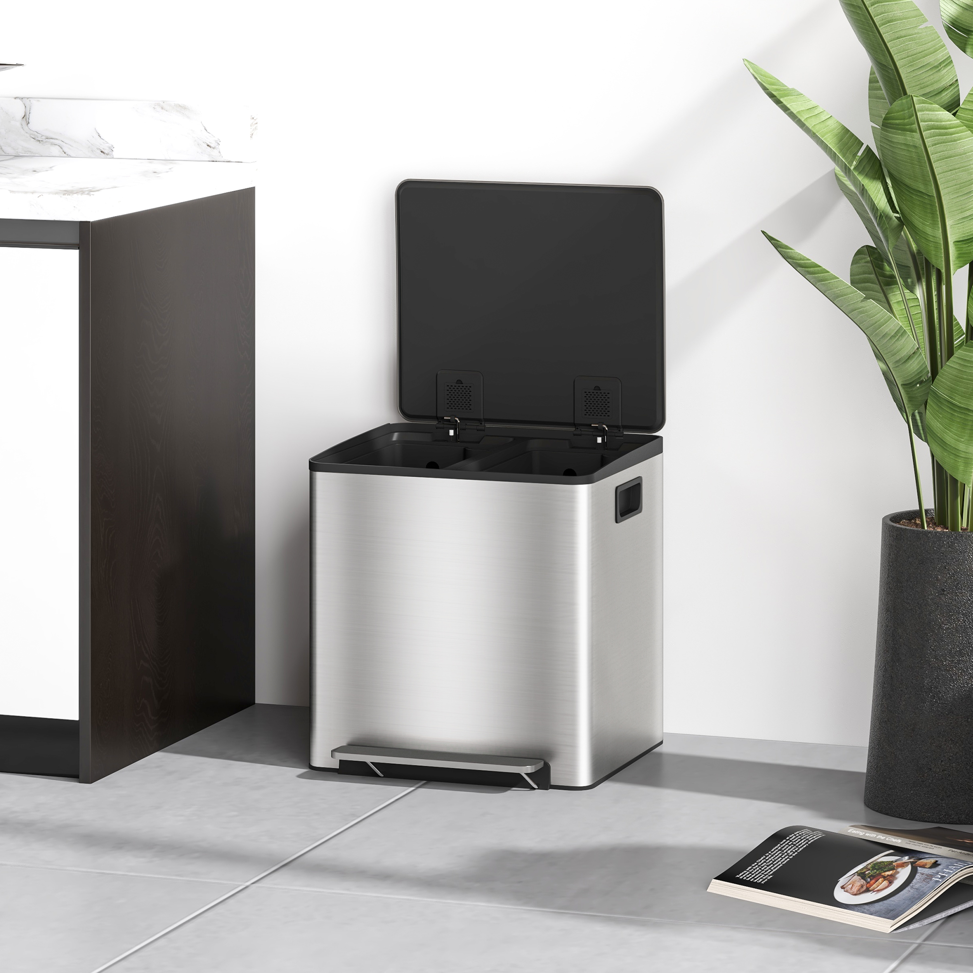  Cos de Gunoi cu 2 Compartimente de 15L cu Pedala, si Capac Silentios din Otel, 41,8x36,7x44 cm, Argintiu [7]