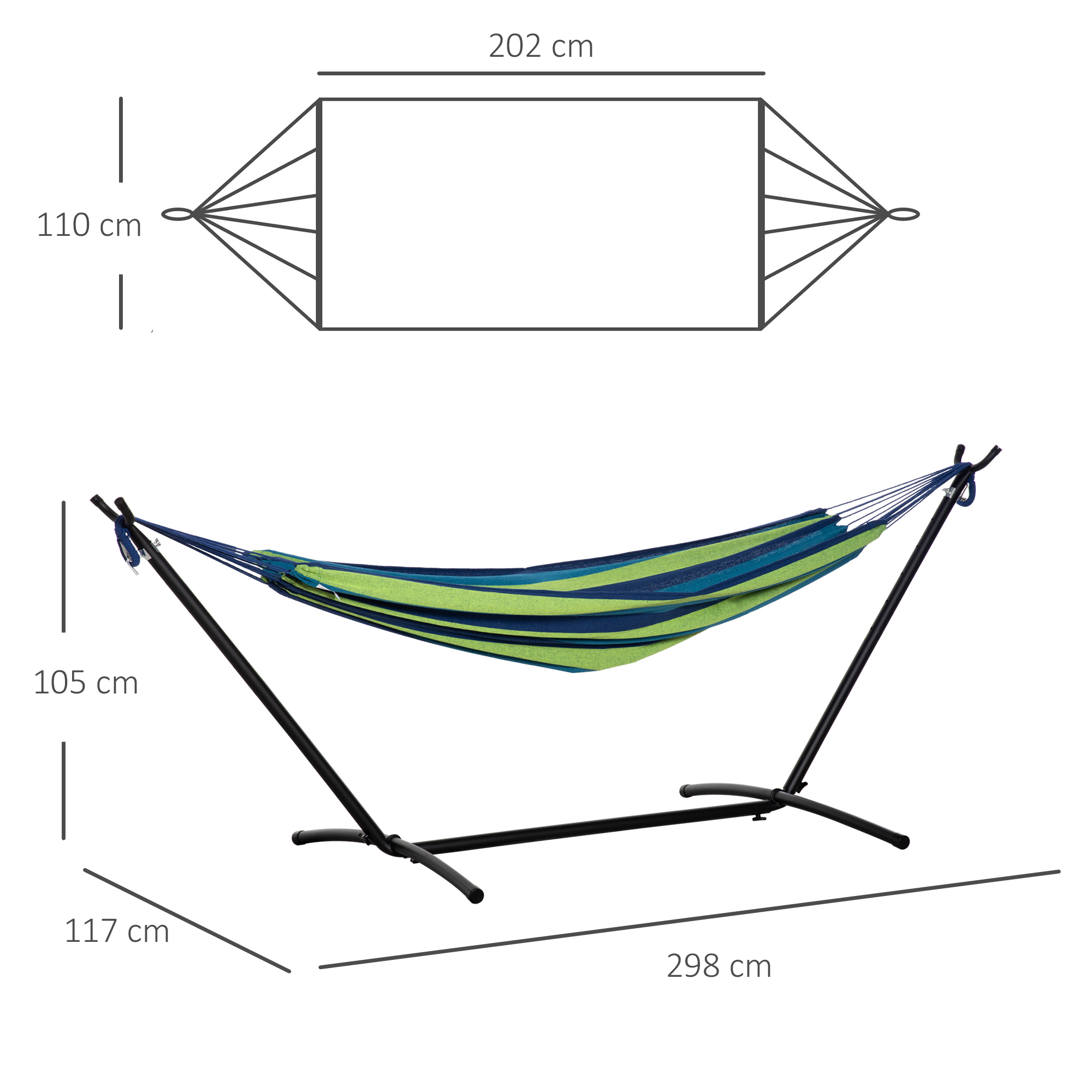  Hamac de Gradina Suspendat 310x117 cm cu inaltime Reglabila si Suport, Capacitate 120 kg, Hamac Autoportant cu Geanta de Transport, pentru Camping, Gradina, Balcon, Patio, Verde si Albastru [2]