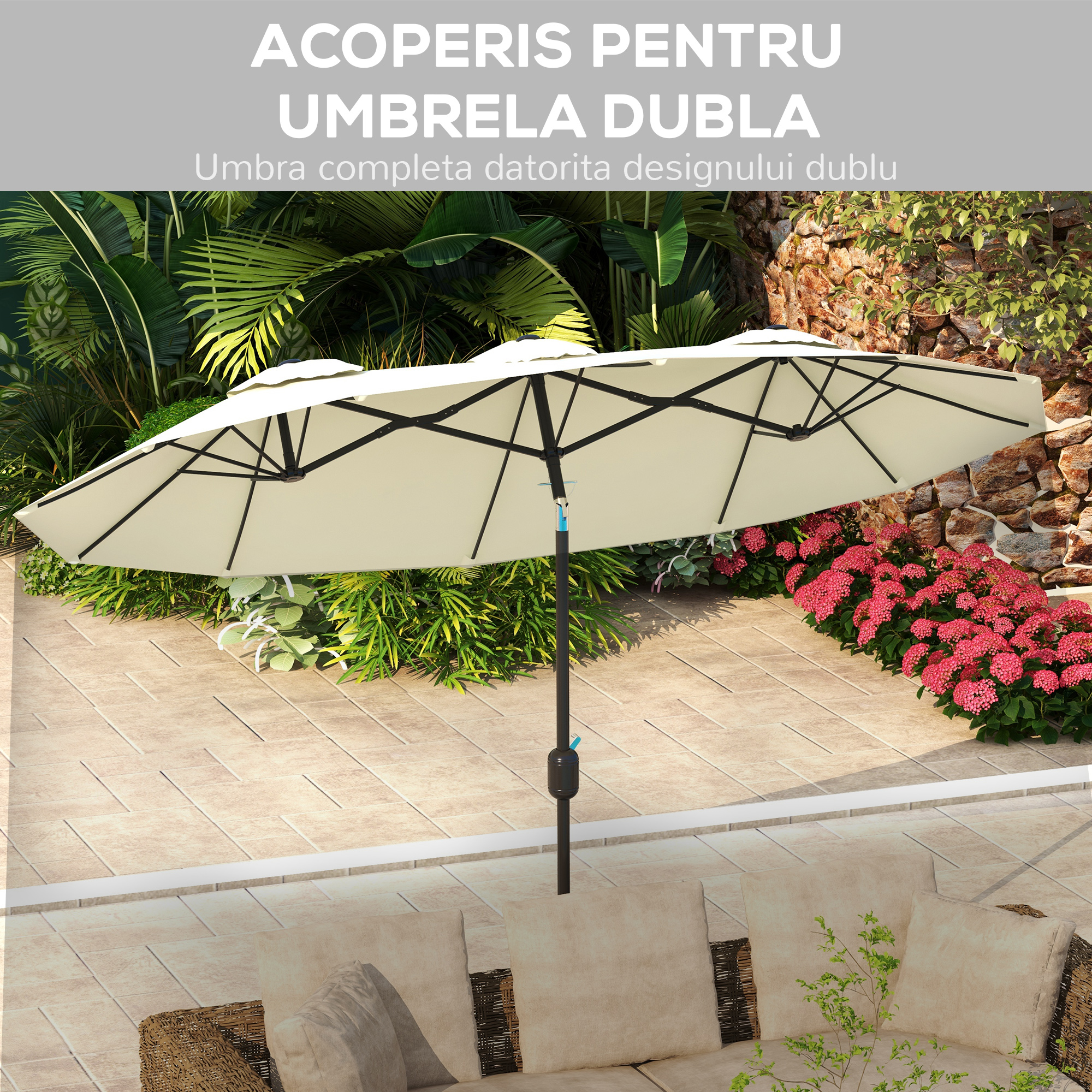  Umbrela de Gradina Dubla inclinabila la 45° cu Manivela si 3 Orificii de Ventilatie, 295x152x222 cm, Bej [4]