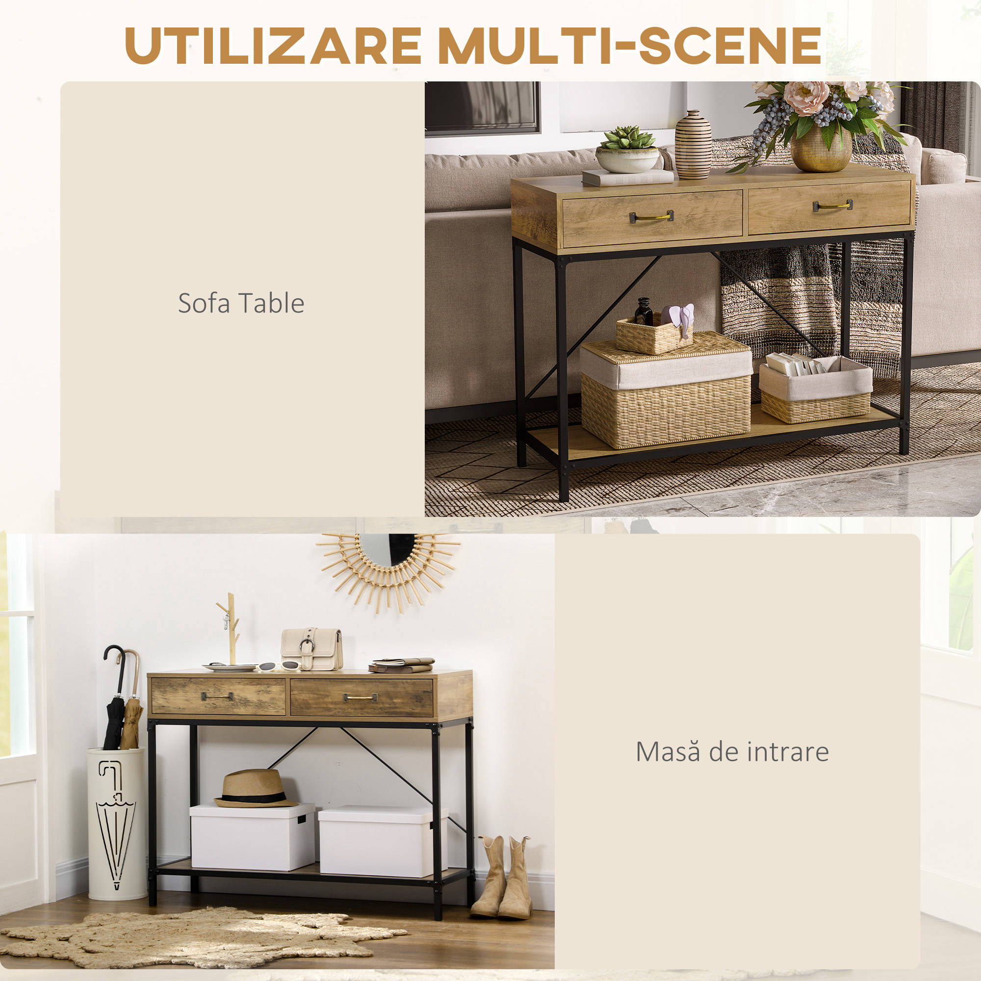  Masa Consola Vintage - Lemn & Metal cu Sertare & Raft [6]