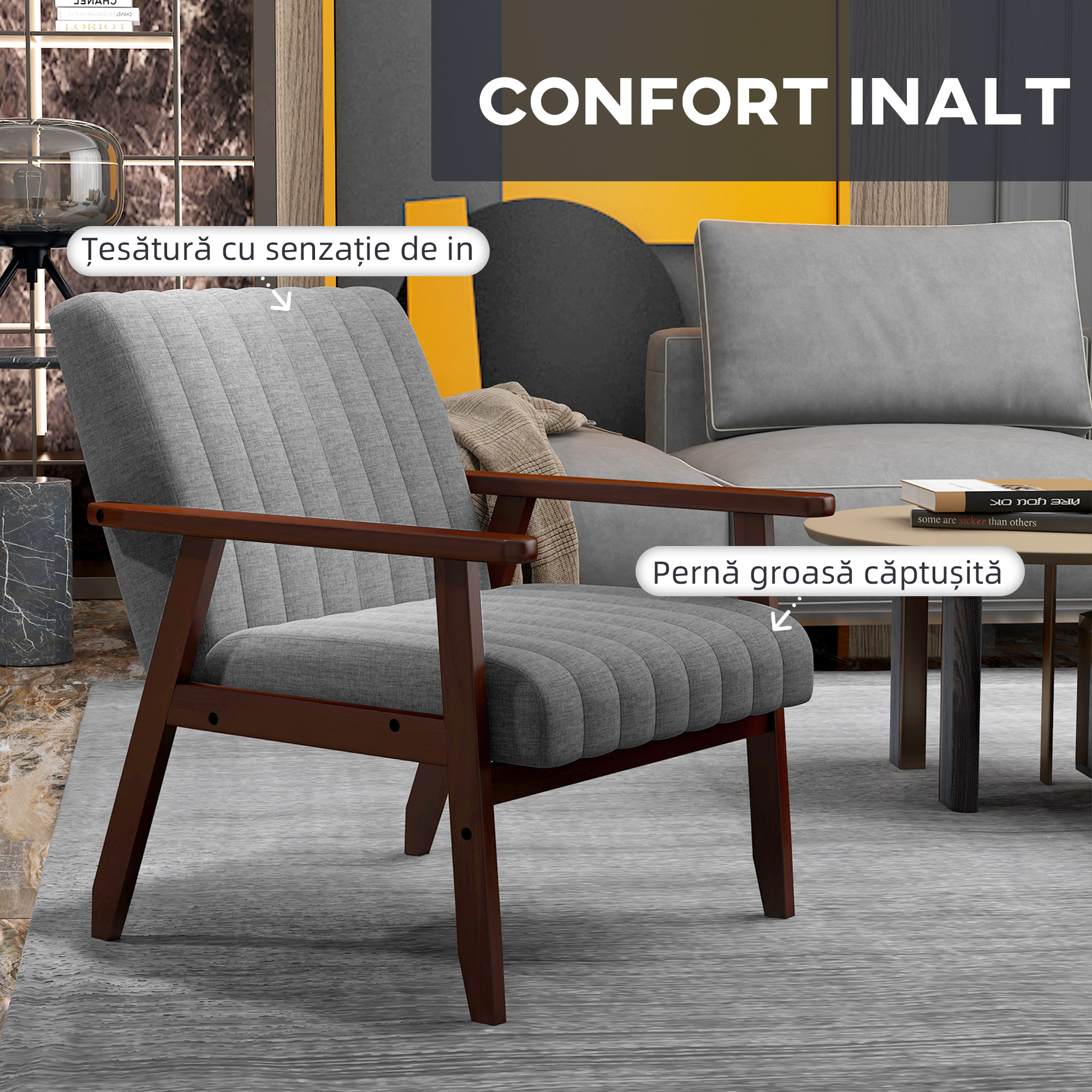  Fotoliu Tip Scaun din Material, Fotoliu Capitonat pentru Dormitor, Sufragerie, cu Picioare din Lemn, 64x74,5x75,5 cm, Gri [4]