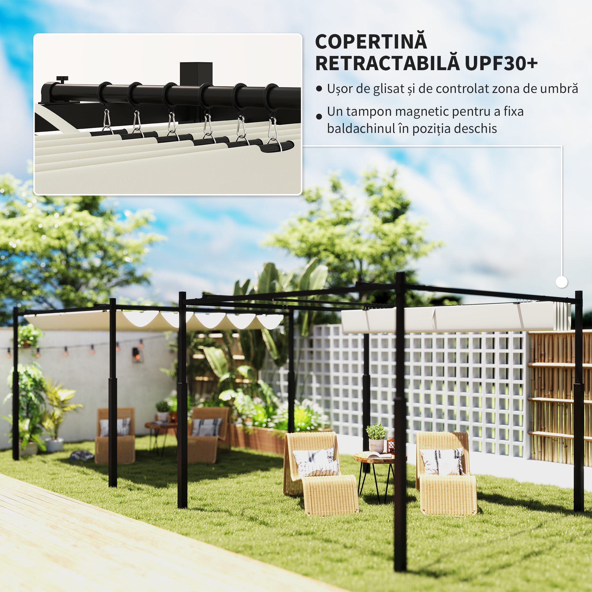  Gazebo Pergola 3x3 m cu Acoperis Retractabil, 8 suruburi si 8 tarusi, din Poliester 180g si Metal, Alb Crem [3]