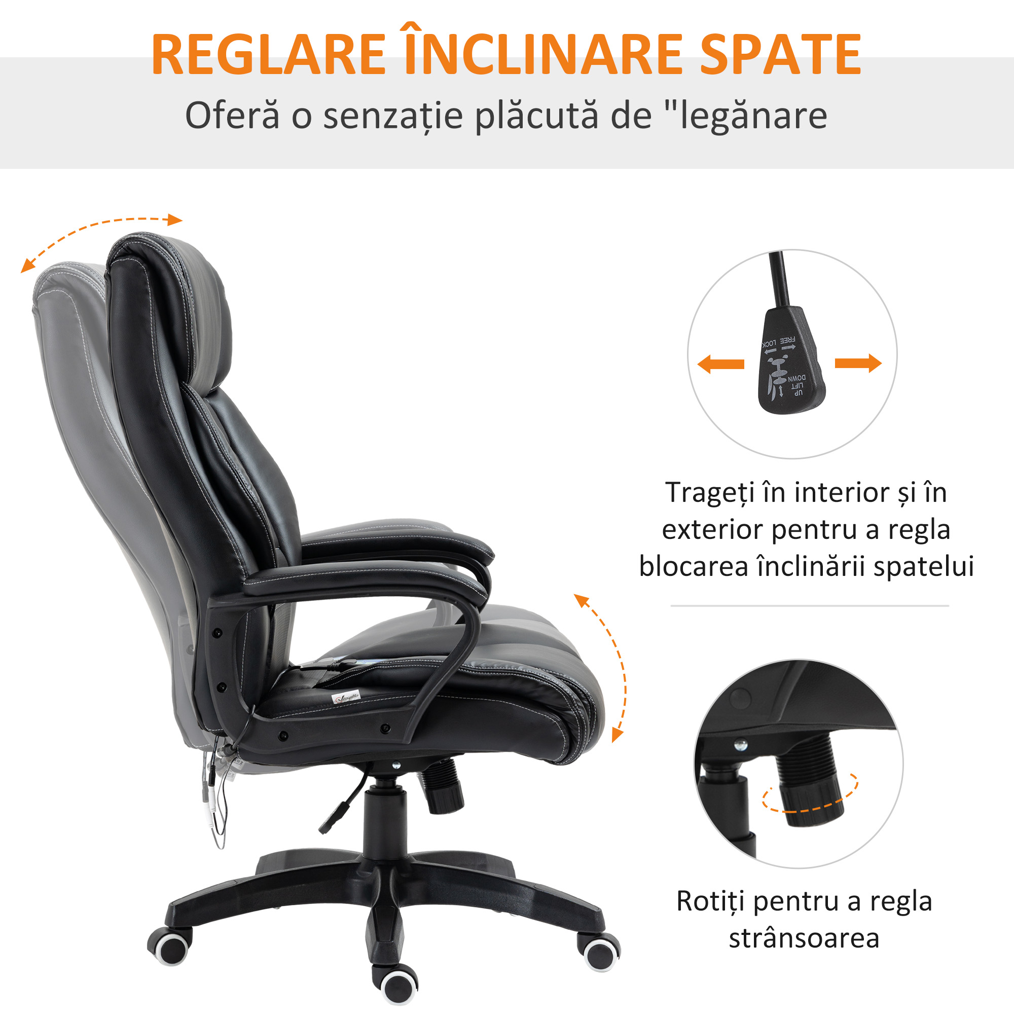  Fotoliu de Birou cu Functie de Masaj Ergonomic si Dirigential din Piele Ecologica Neagra [6]