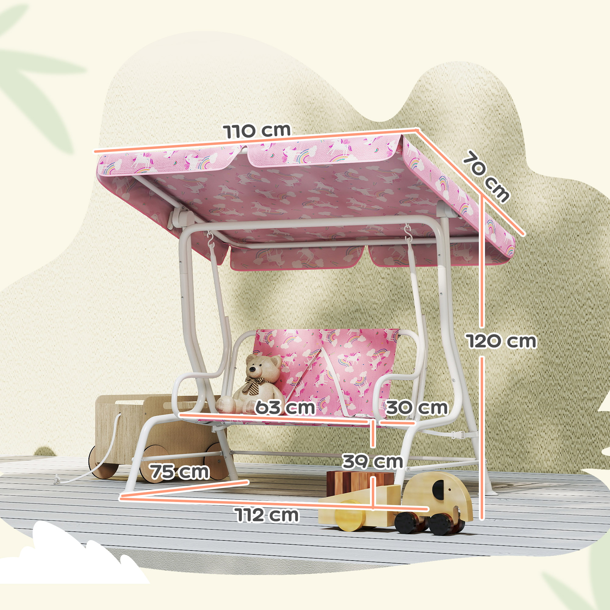  Leagan pentru Copii de Exterior cu 2 Locuri, Acoperis Reglabil si Centuri de Siguranta, Leagan Gradina si Interior din Otel si Material Oxford, Max 60 kg, 112x75x120 cm, Roz [2]