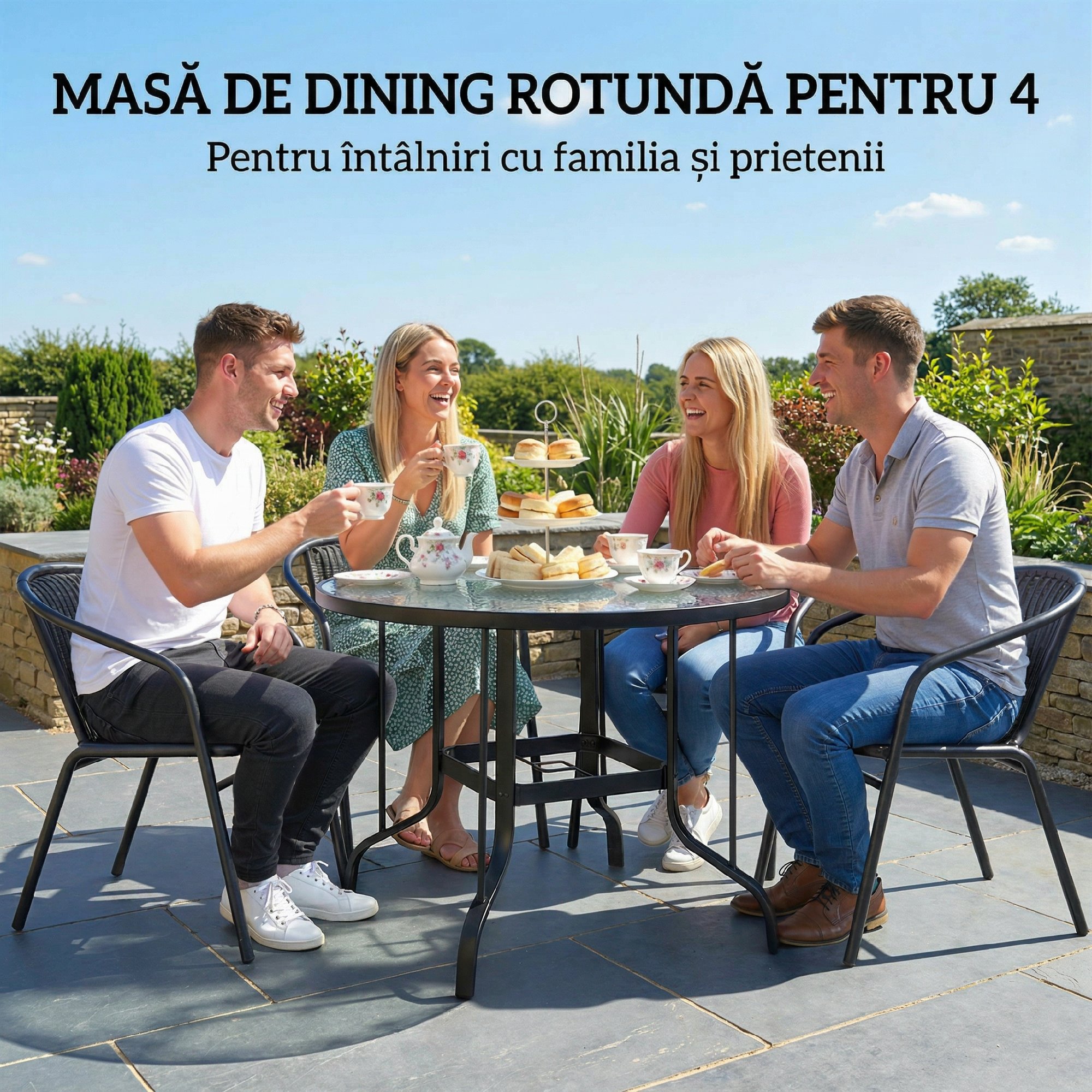  Masa de Gradina Rotunda cu Orificiu pentru Umbrela, din Metal si Sticla Temperata, Ø96,5x71 cm, Neagra [5]