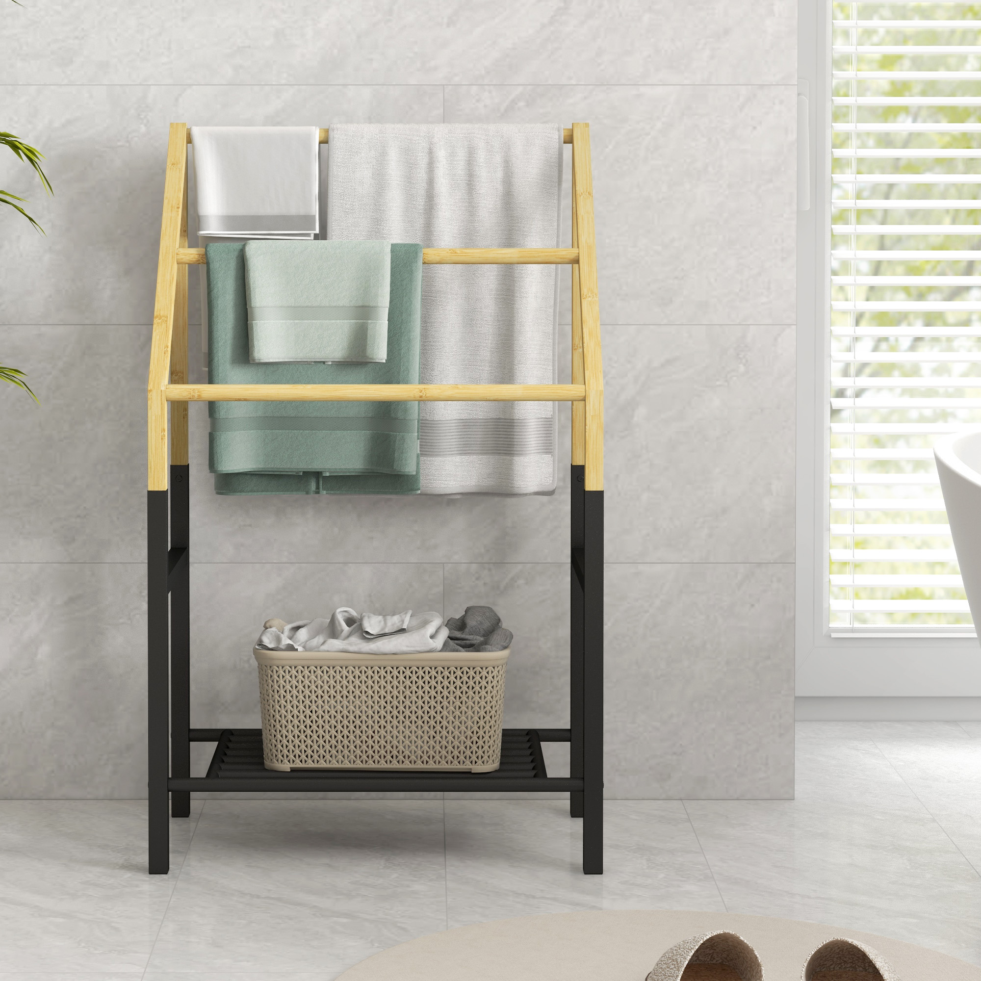  Suport Prosoape Podea - Negru, cu 3 Bare & Raft Inferior [6]