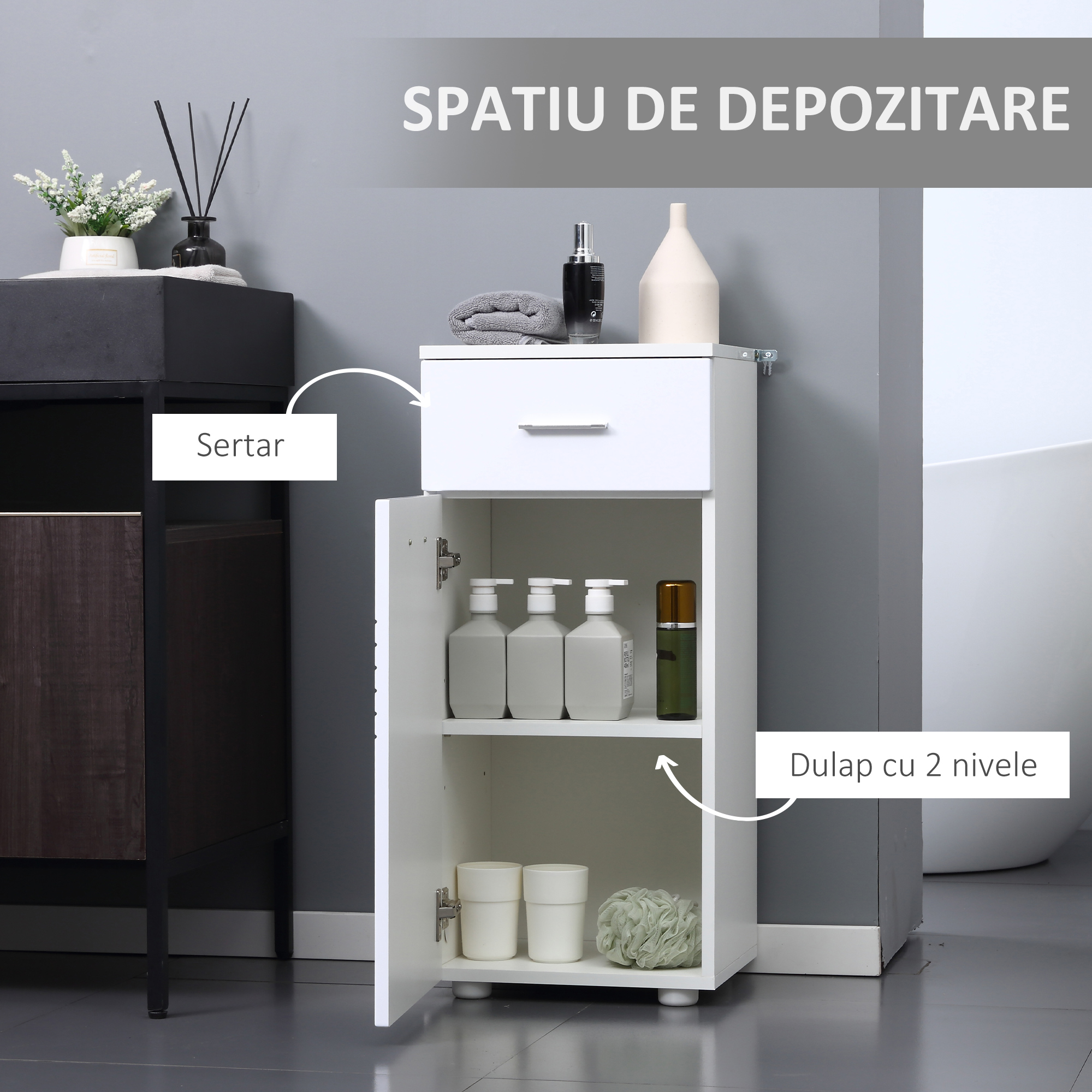  Mobilier Baie din Lemn cu Sertar si Dulapior 1 Usa cu Polite, 35x30x77,5 cm [5]