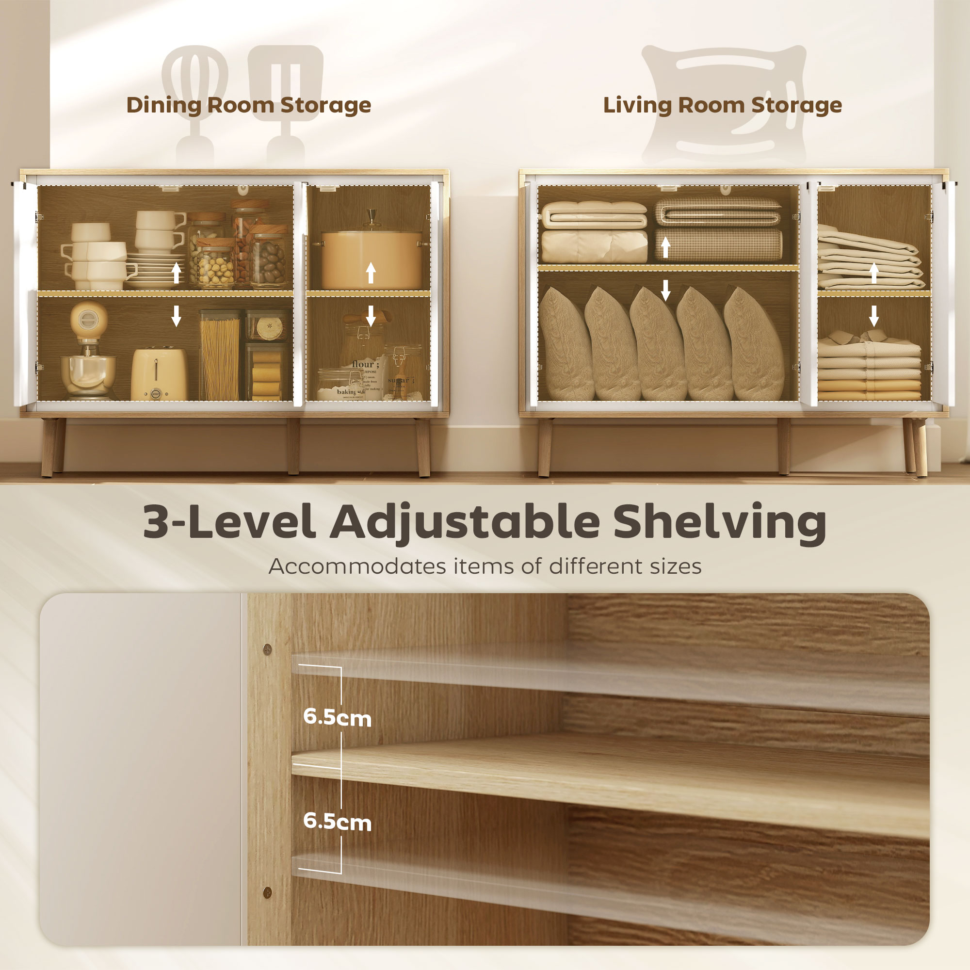  Bufet Modern cu 3 Usi si Raft Reglabil 107x35x77cm Alb si Stejar [4]