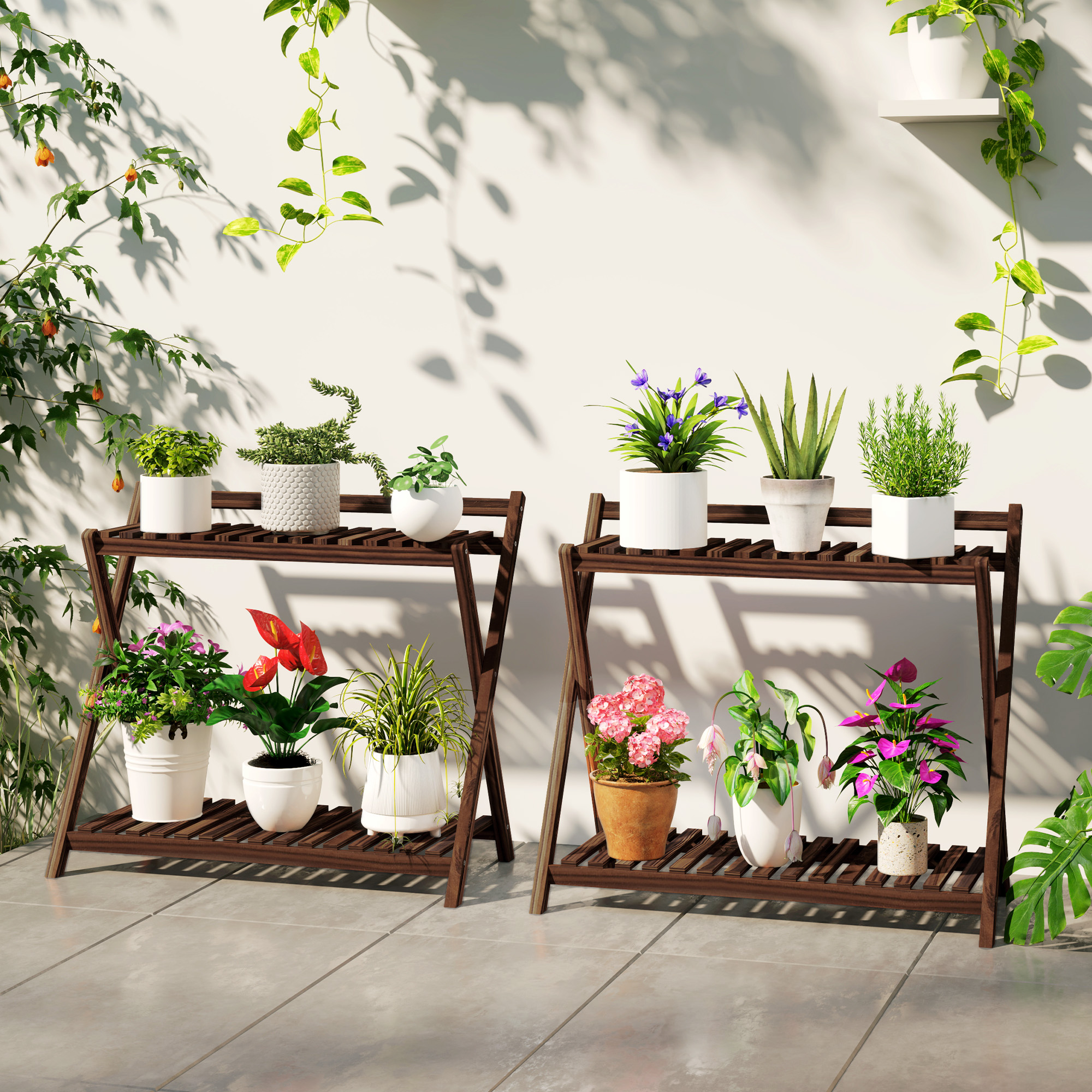  Set de 2 Suporturi pentru Plante cu 2 Niveluri, 73x36x64 cm, Maro [1]