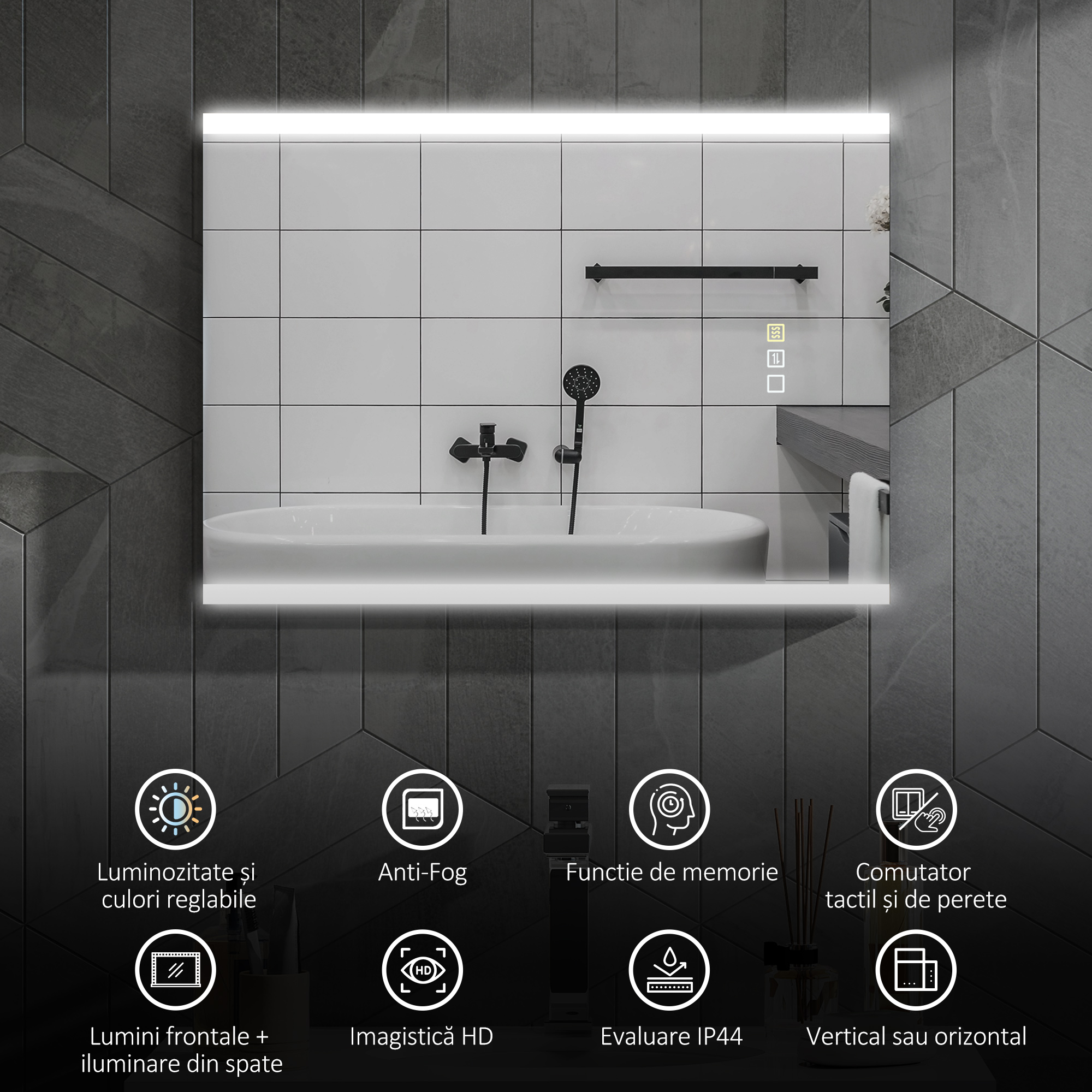  Oglinda de Baie cu Lumina LED in 3 Culori si Functie Memorie, din Sticla Temperata, 70x50x3 cm, Argintiu [3]