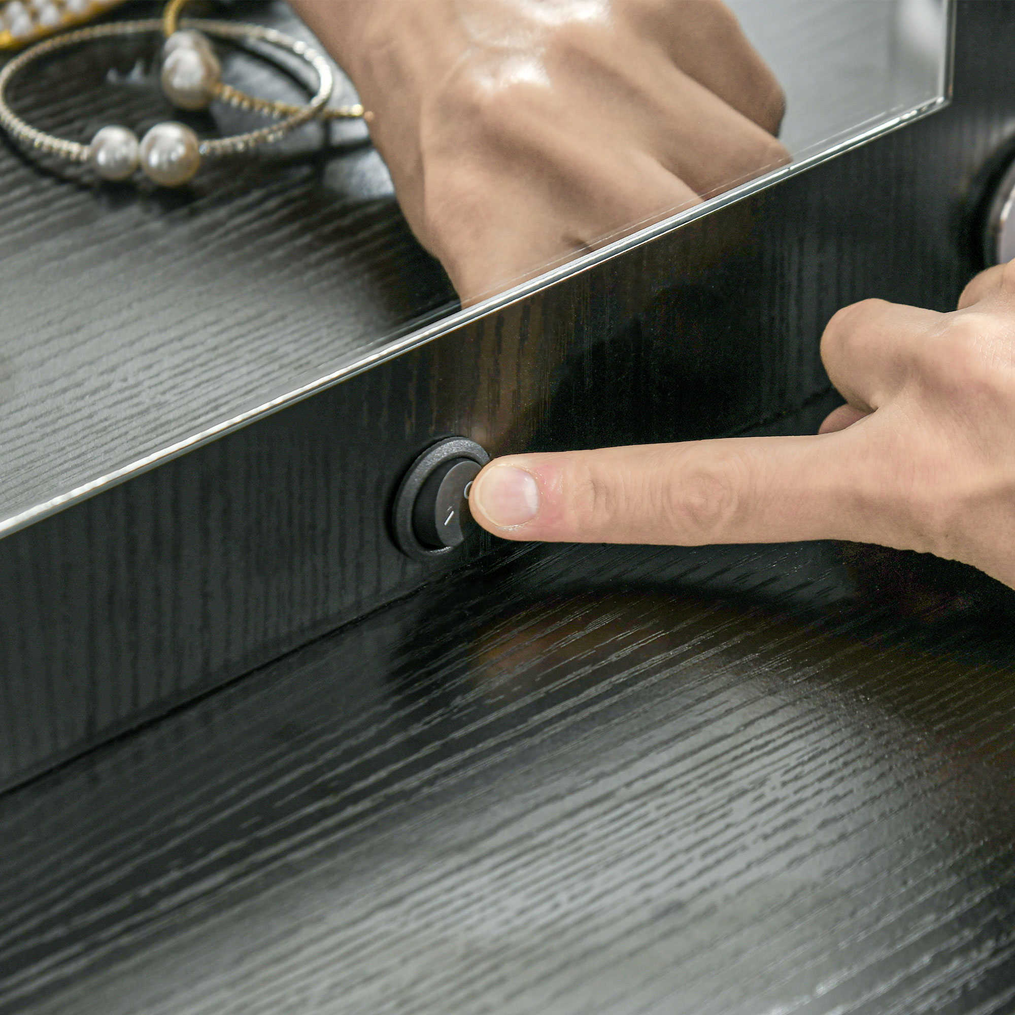  Masa de Machiaj cu Oglinda, 10 Becuri si Taburet Captusit, 90x45x132,5 cm, Negru [8]