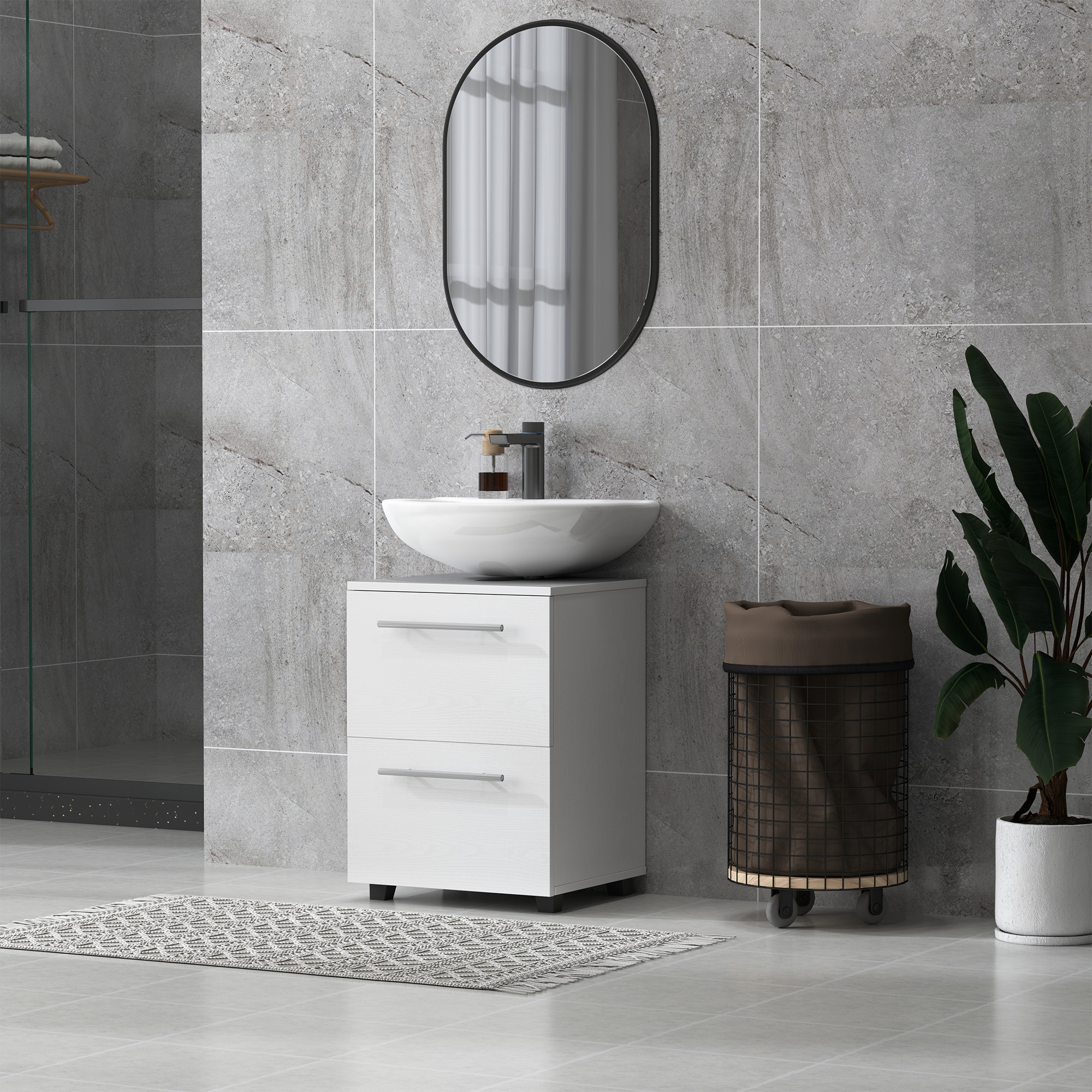  Dulap Sottolavabo pentru Baie cu Sertar si Dulap, Dulap Compact cu Decupaj in U, Mobilier Baie Modern si Economisire Spatiu, Potrivit pentru Lavoare fara Coloana, 41,5x35,5x59 cm, Alb [7]