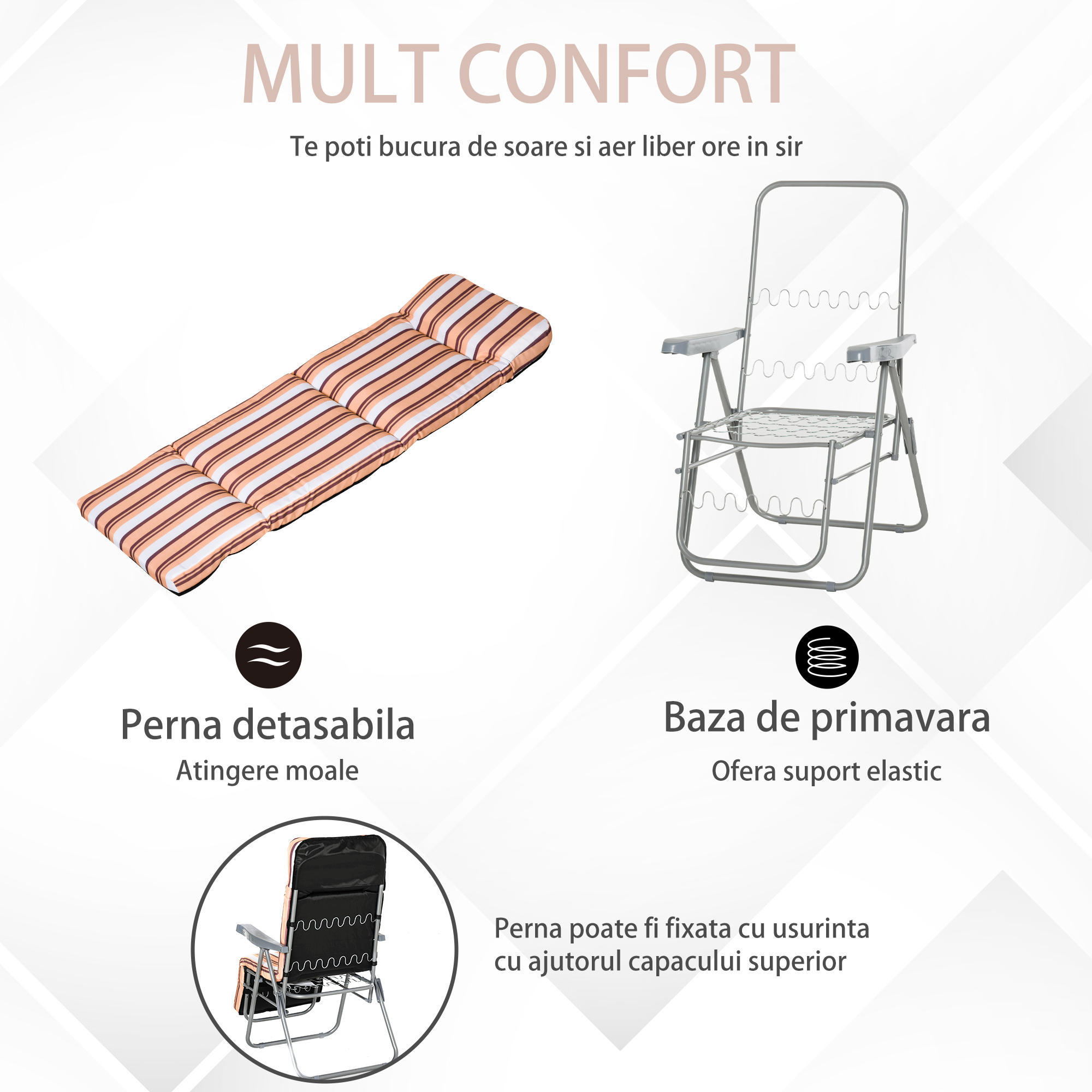  Scaun Rabatabil pentru Exterior 2 Piese Pliabile si Rabatabile, Sezlong Plaja cu Perna Captusita, Portocaliu [4]