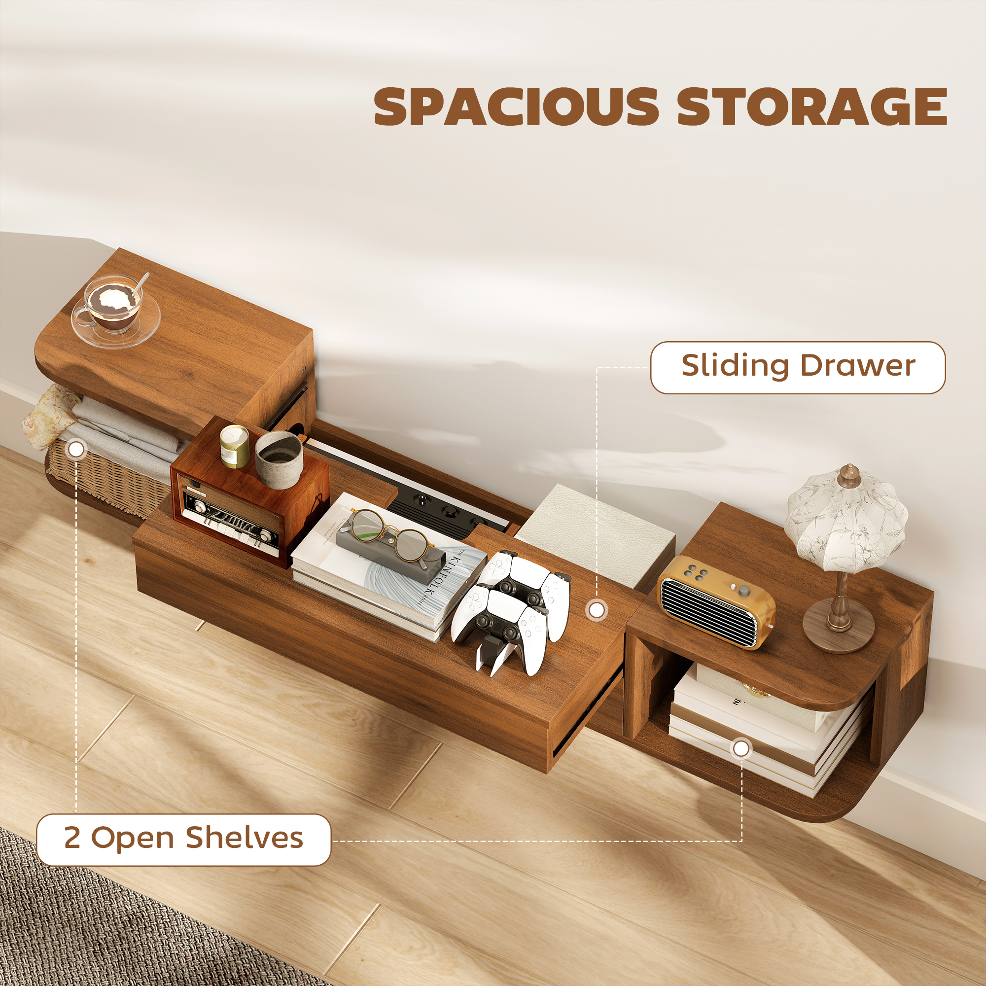  Suport TV suspendat pana la 50" cu prize de curent, USB si tip C, sertar si rafturi, 120x24x22.4 cm, Nuc [4]