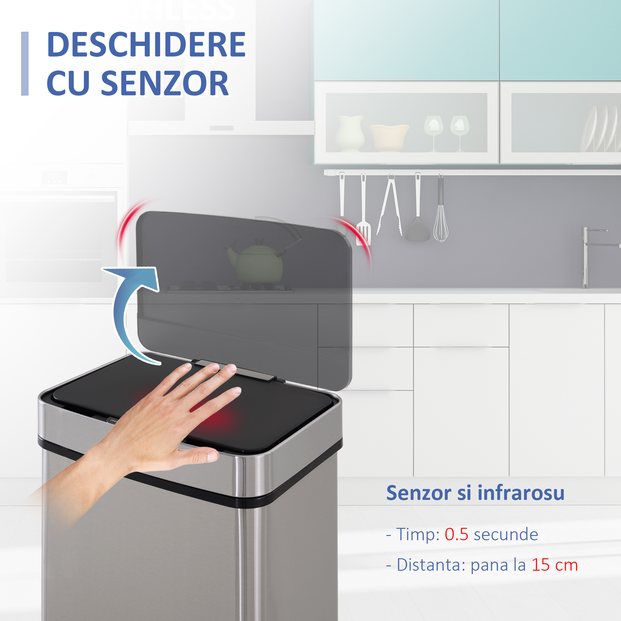  Cos Gunoi Inteligent 72 L - Inox, 3 Compartimente & Senzor [3]