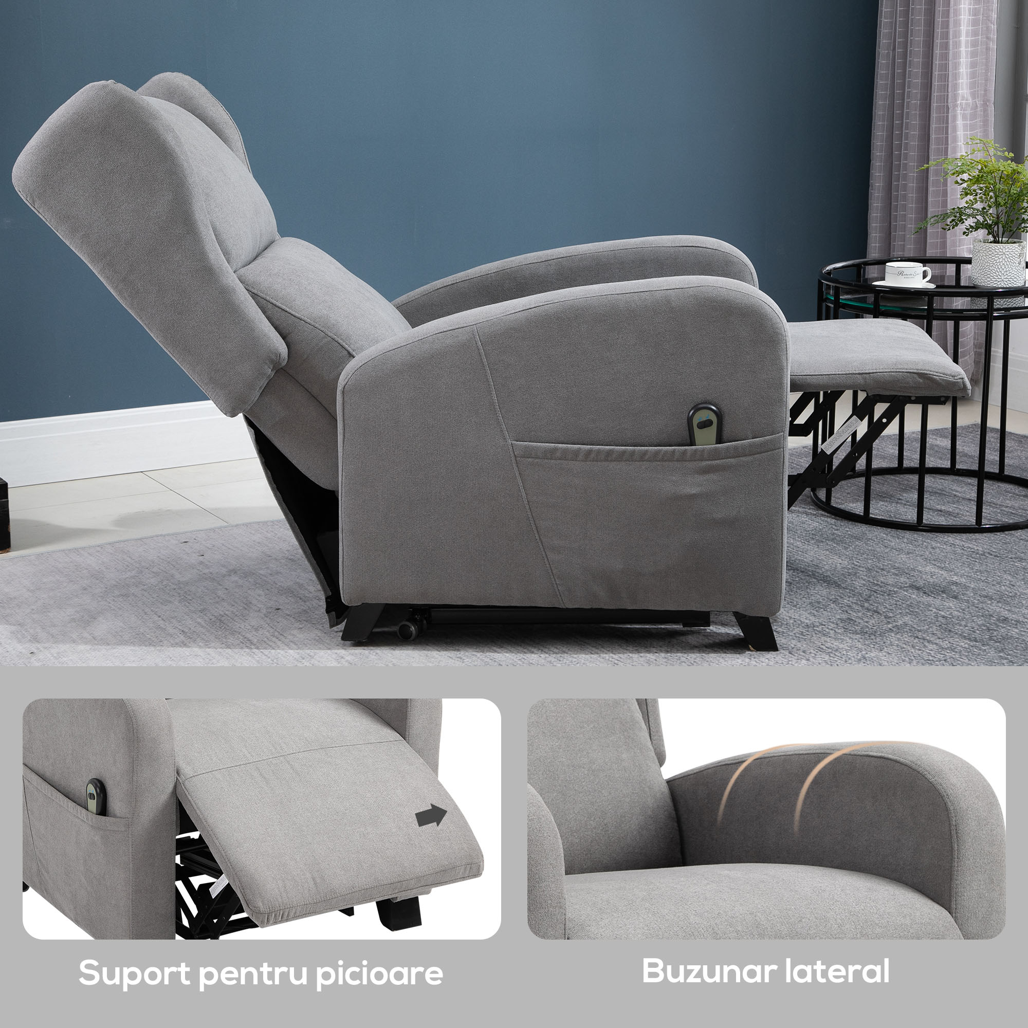  Fotoliu Rabatabil inalt cu Rotite si Telecomanda, Gri [5]
