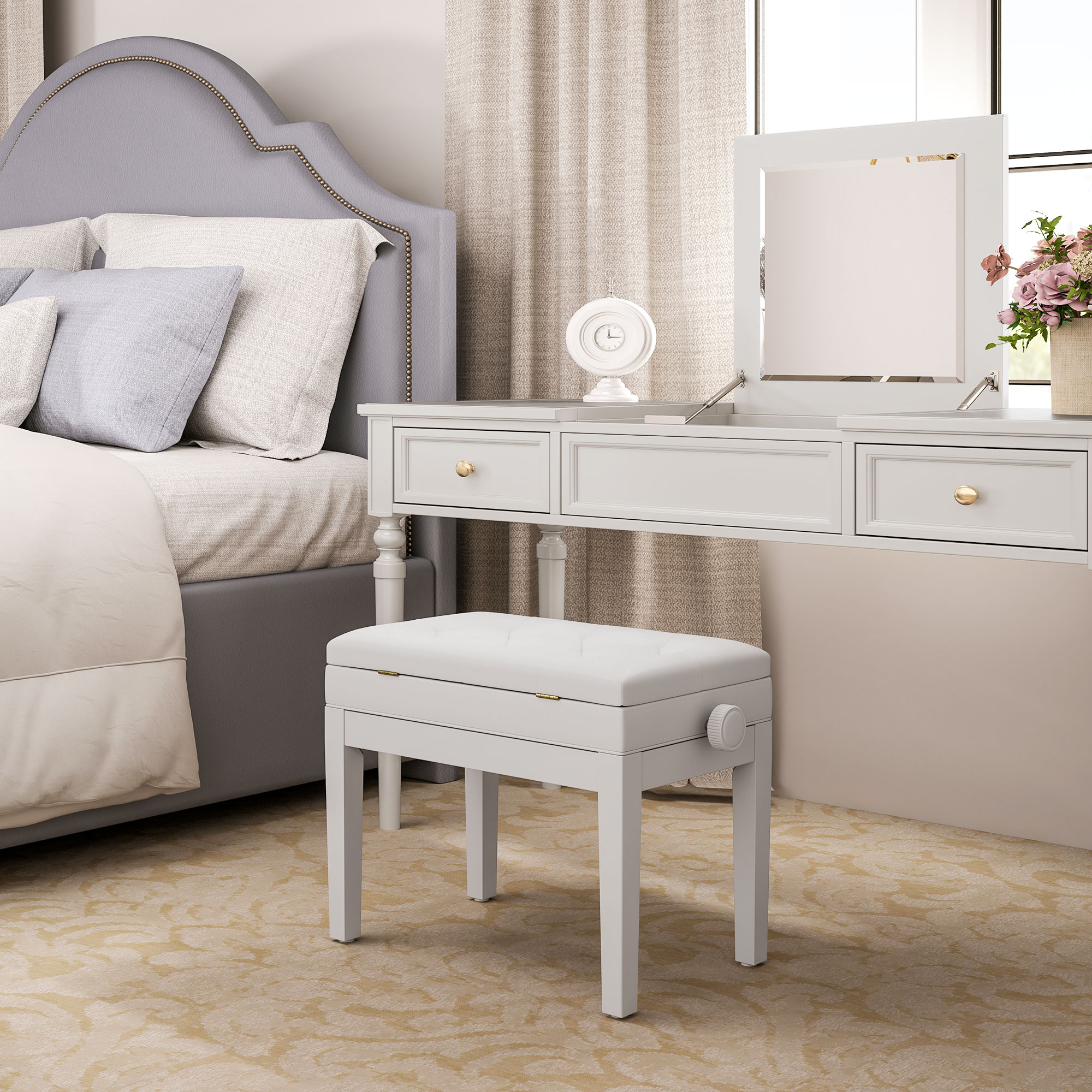  Scaun de Pian Reglabil cu Compartiment de Depozitare si sezut capitonat, 54.5x33x48-58 cm, Alb [8]