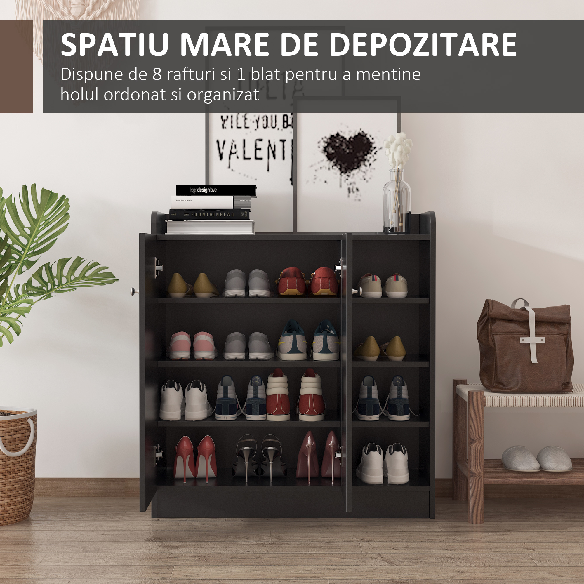  Dulap Pantofi Negru - 2 Usi Basculante, 83×30×90 cm [3]