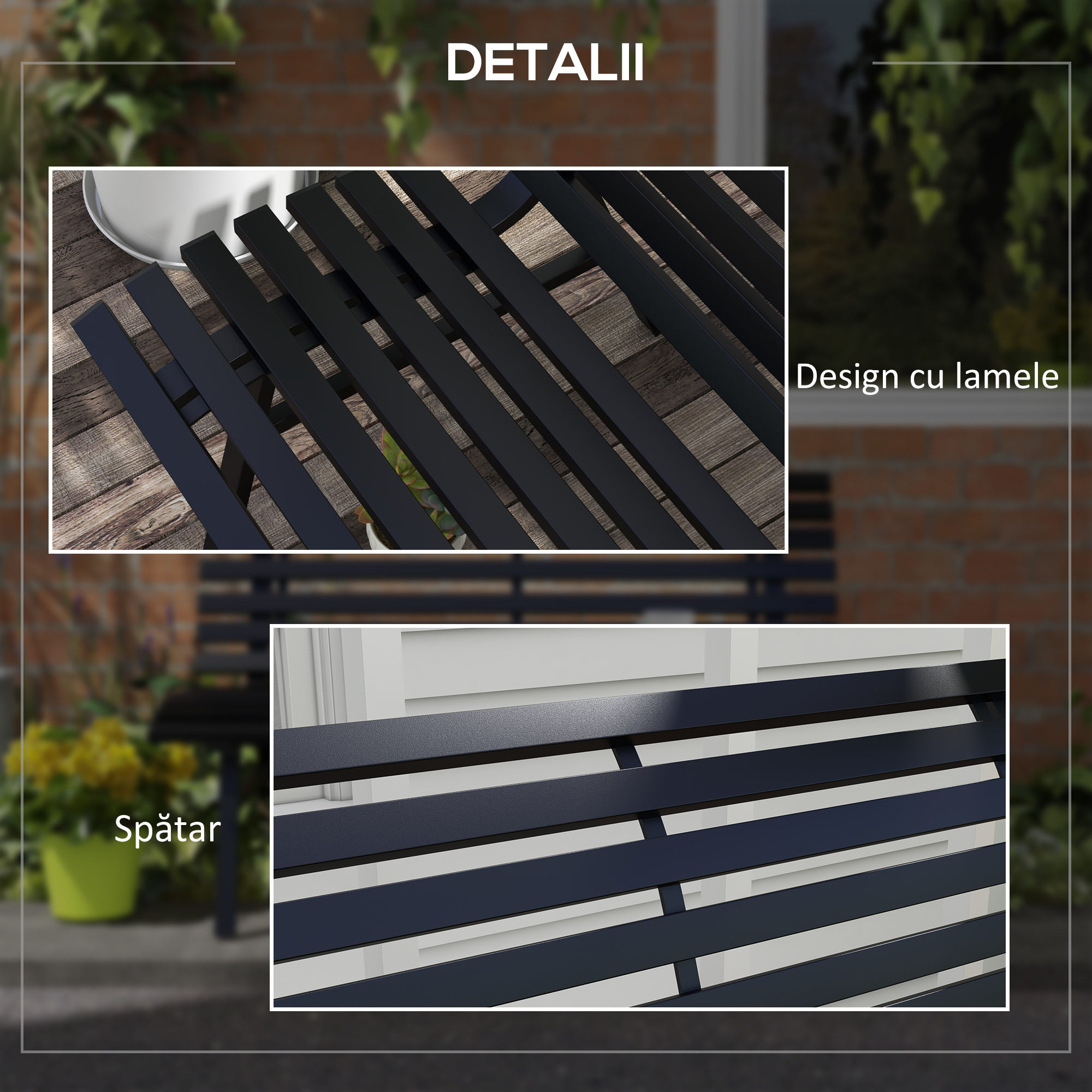  Banca pentru Gradina, Banca de Exterior pentru Terasa cu sezut si Spatar cu Lamele, 123x67x79 cm, Negru [5]
