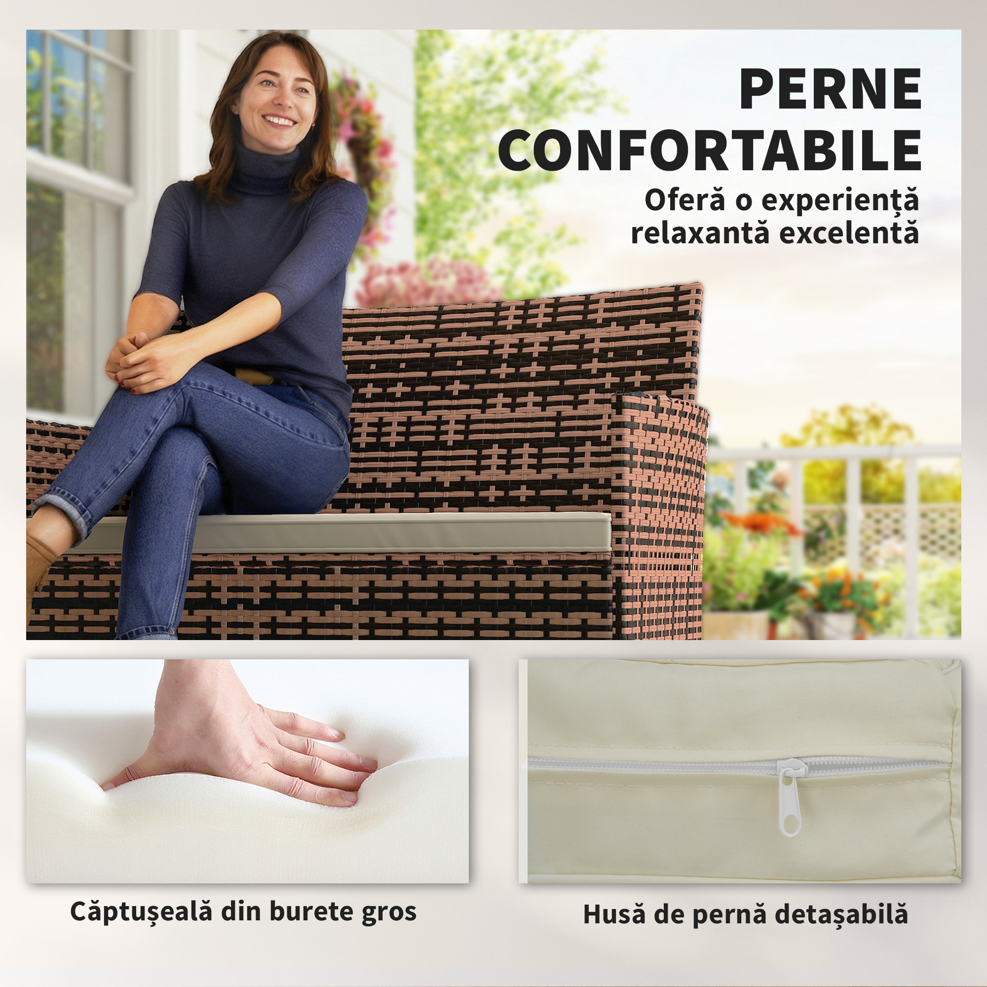  Canapea de Gradina 2 Locuri cu Perne si Tampoane Antiderapante, din Ratan si Otel, 115x63x85 cm, Bej [5]