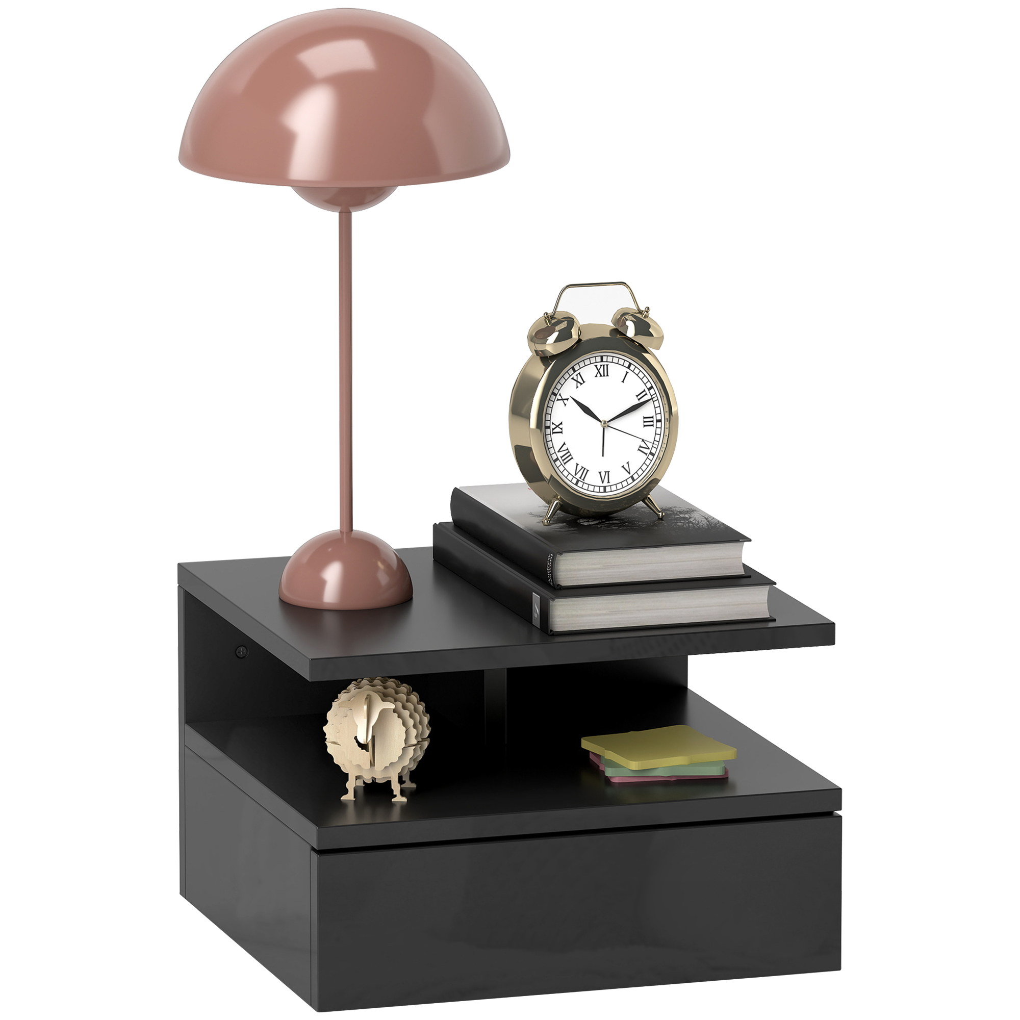 Dormitor & birou -  Noptiera Suspendata pentru Dormitor cu Sertar si Raft Deschis din Lemn, 35x32x22,5 cm, Negru Lucios