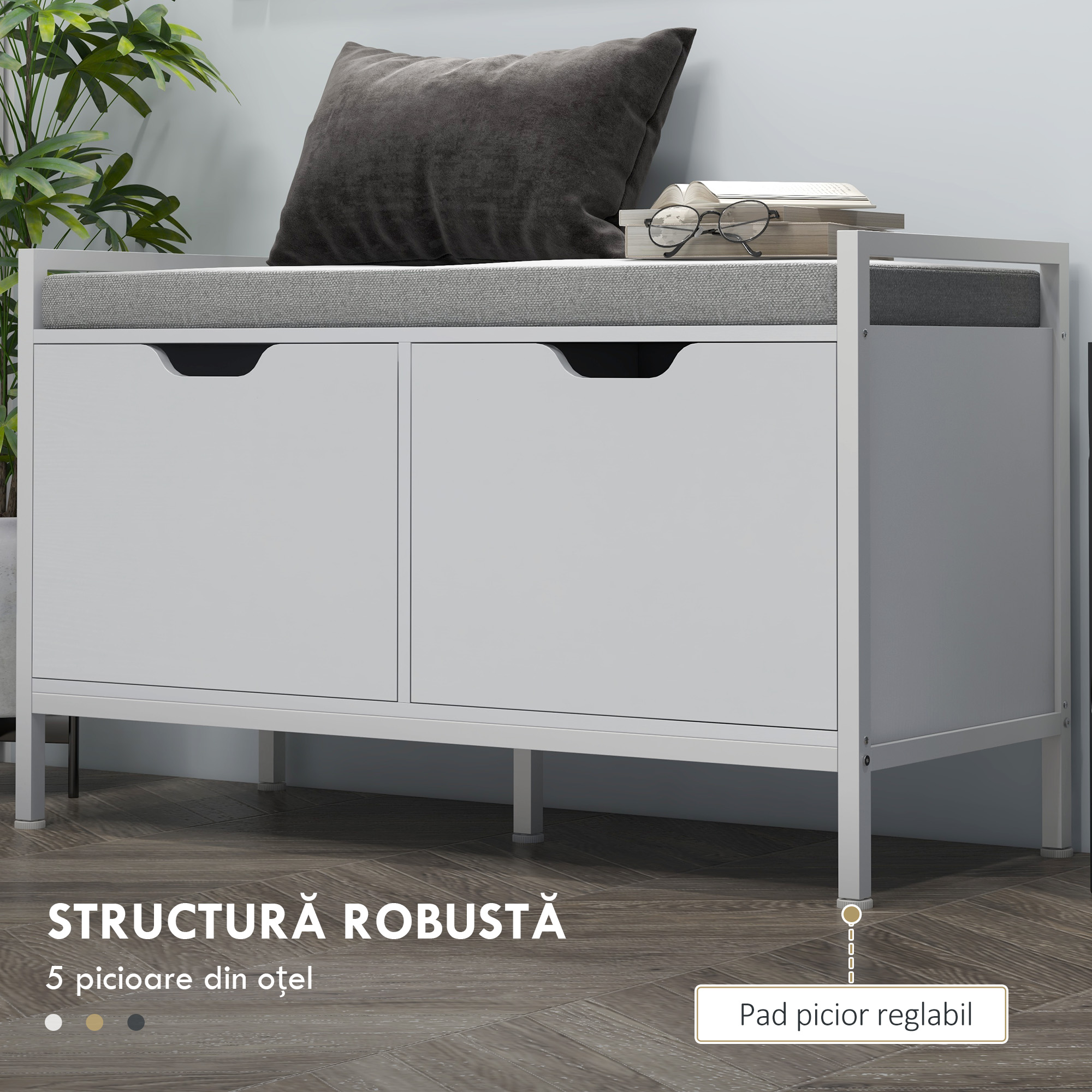  Bancheta Dulap pentru Pantofi cu 2 Compartimente si Perna, Dulap Pantofi pentru Hol, 84x35x50 cm, Alb [5]