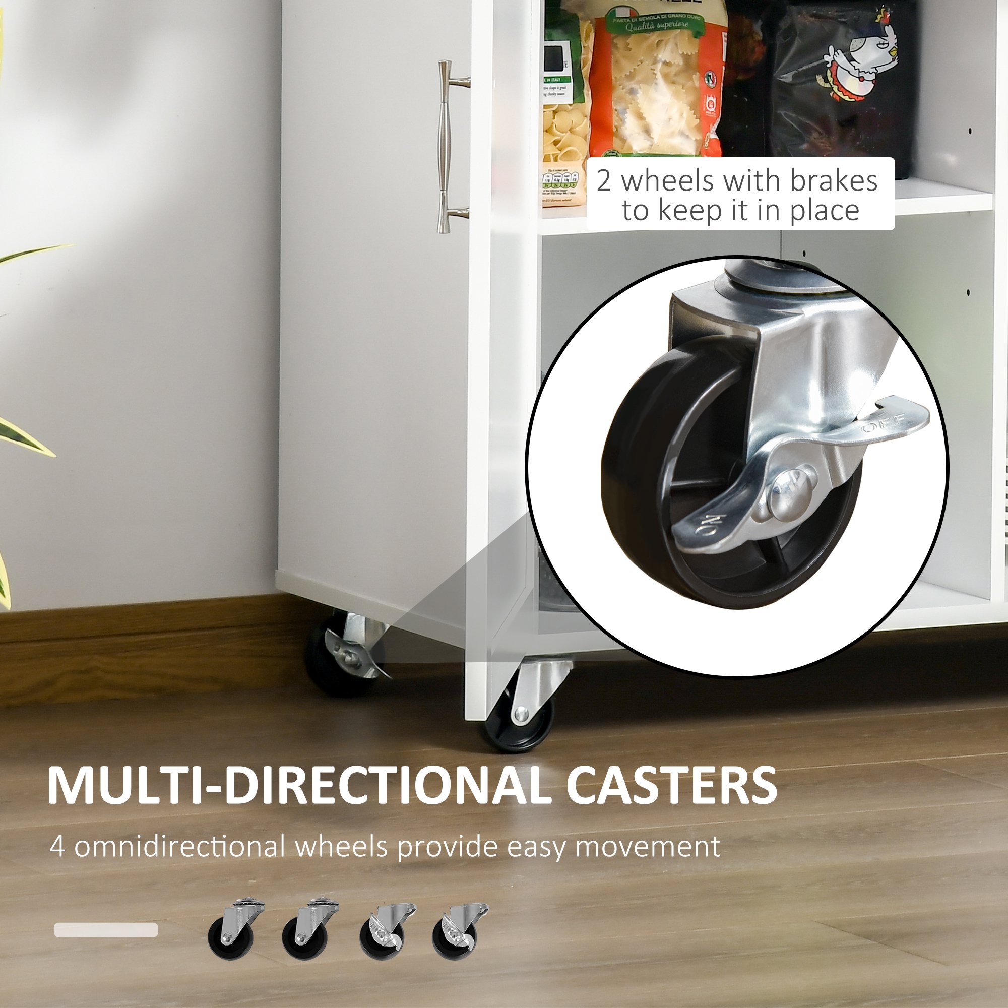  Carucior de Bucatarie Multifunctional cu 2 Sertare, Dulap si 4 Roti, 104x46x91cm - Alb [6]