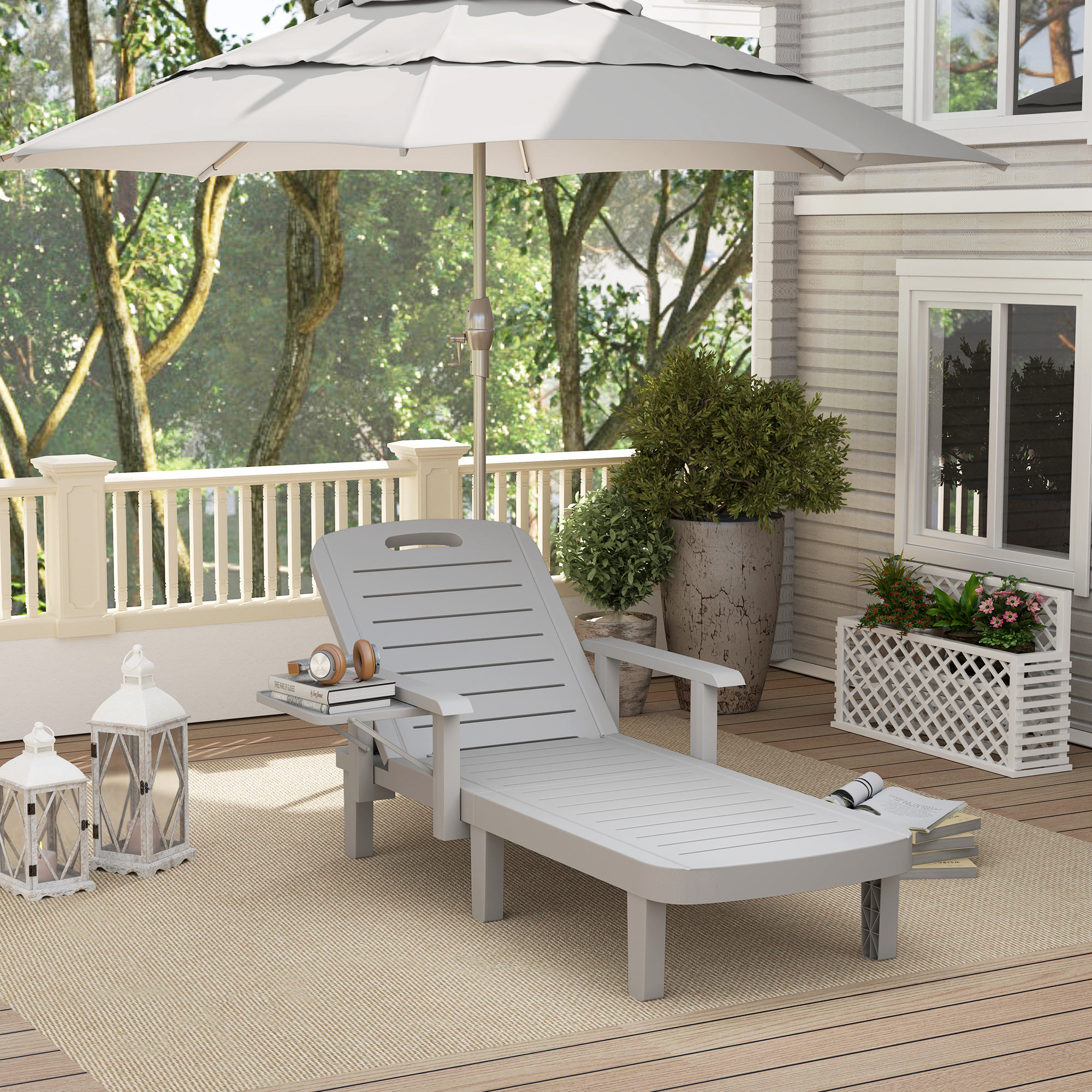  sezlong cu Spatar Reglabil in 5 Pozitii, Masuta si Brate Ergonomice, 79x158x88 cm, Gri [1]