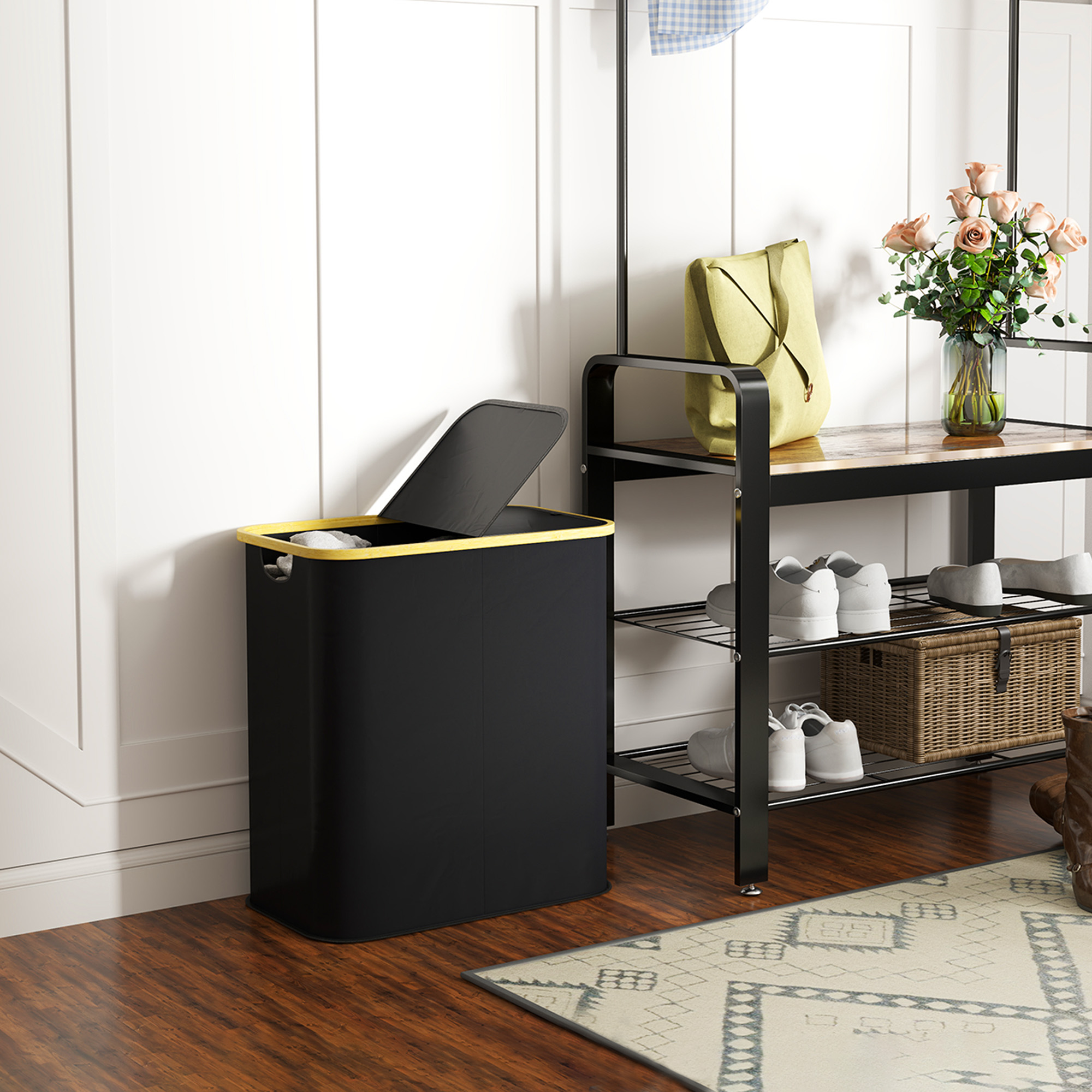  Cos pentru Rufe de 80L cu 2 Sectiuni si Capac din Material Textil si Bambus, 54x34x58,5 cm, Negru [7]