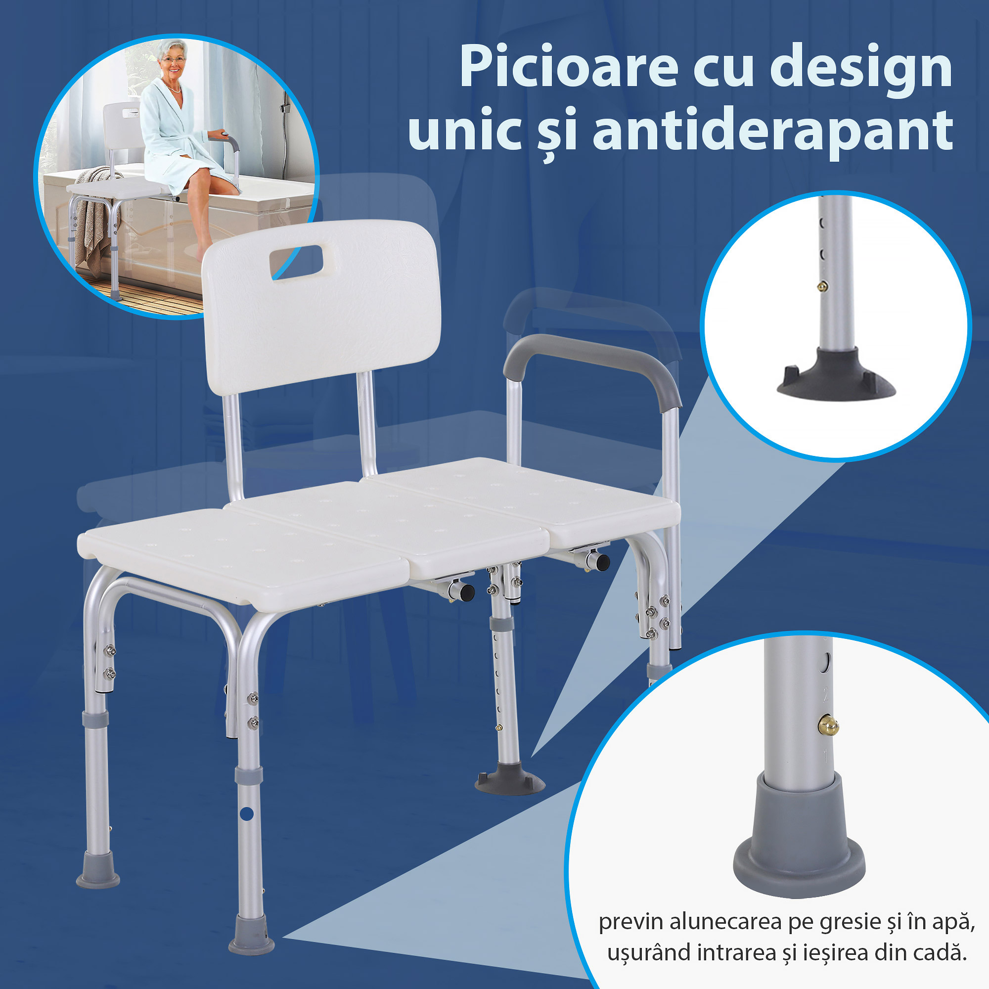  Scaun de Dus cu inaltime Reglabila pe 6 Nivele, Picioare si Brate Antiderapante, 74x53x80-92 cm, Alb [3]