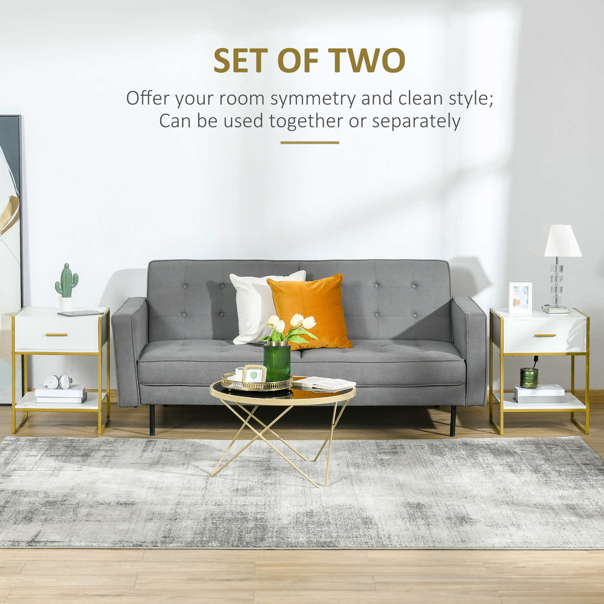  Set din 2 Noptiere Moderne, Noptiere cu Raft si Sertar, Organizatoare de Depozitare pentru Dormitor, 45x40x60 cm, Alb [3]