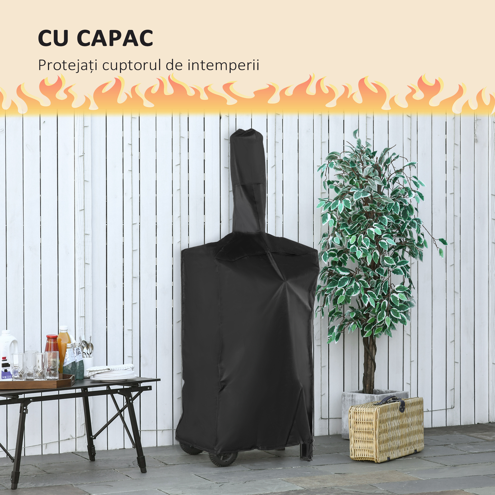  Cuptor Portabil cu Carbune pentru Pizza si Barbecue, Cuptor cu Lemne, Cos de Fum si Raft Inferior, 63x54x161 cm, Negru [6]