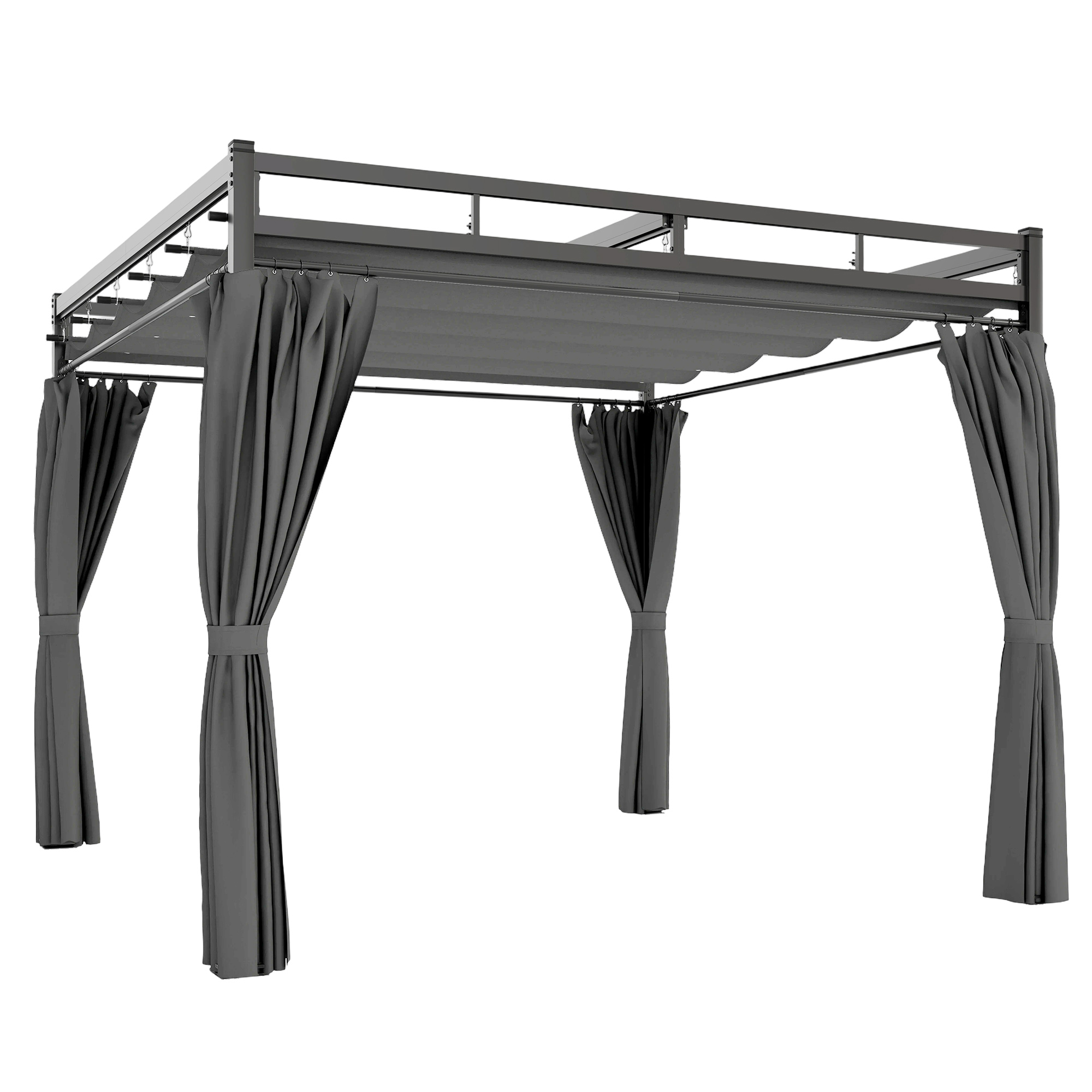 Gradina & balcon -  Pergola Gazebo 3x3 m cu Acoperis Retractabil, 4 Pereti Laterali, Orificii de Drenare, Pergola din Poliester si Otel pentru Gradina, Terasa, Exterior, UV30+, Gri inchis