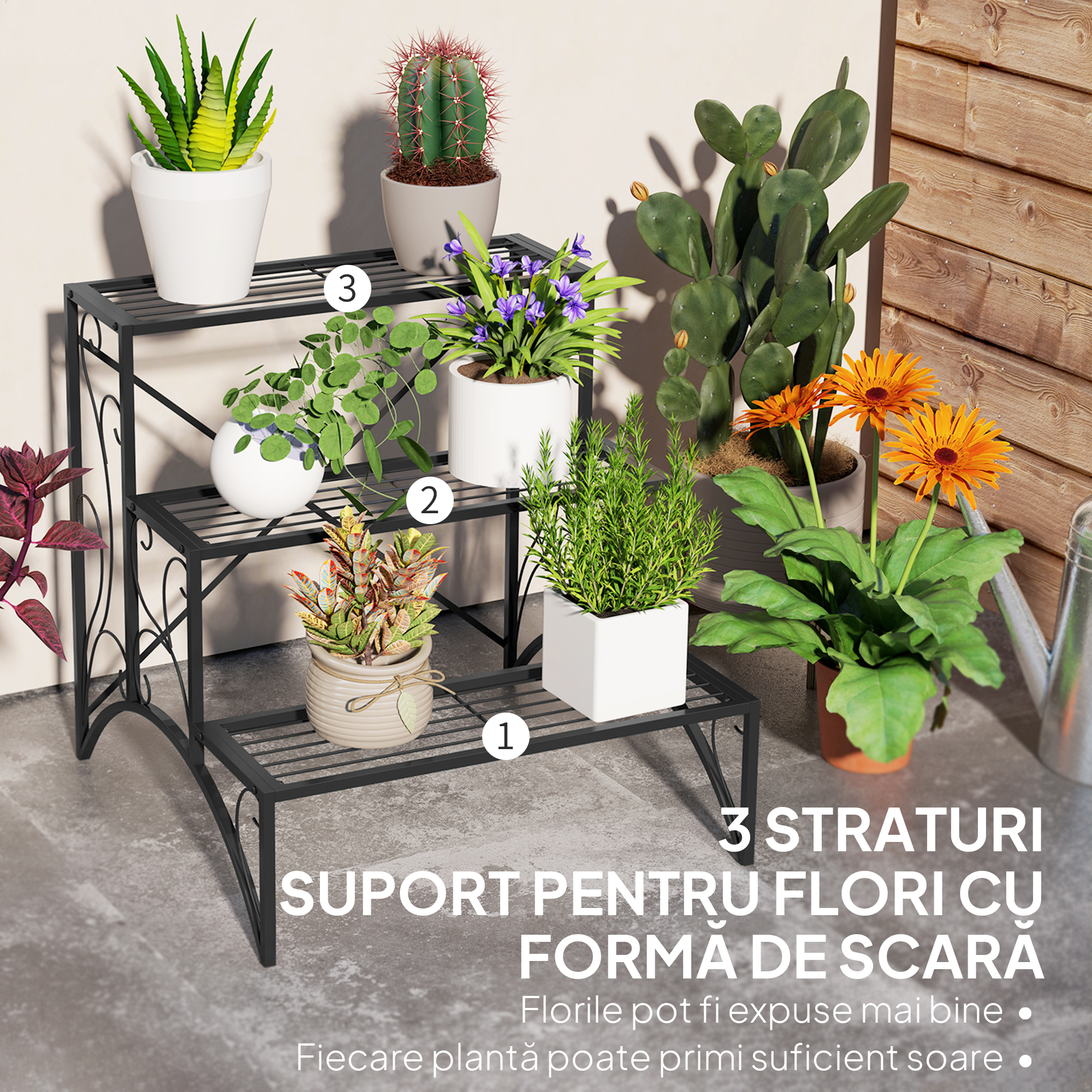  Etajera-suport pentru plante, cu 3 niveluri, in forma de scara, pentru interior si exterior, din metal, 60x60x60 cm, negru [3]