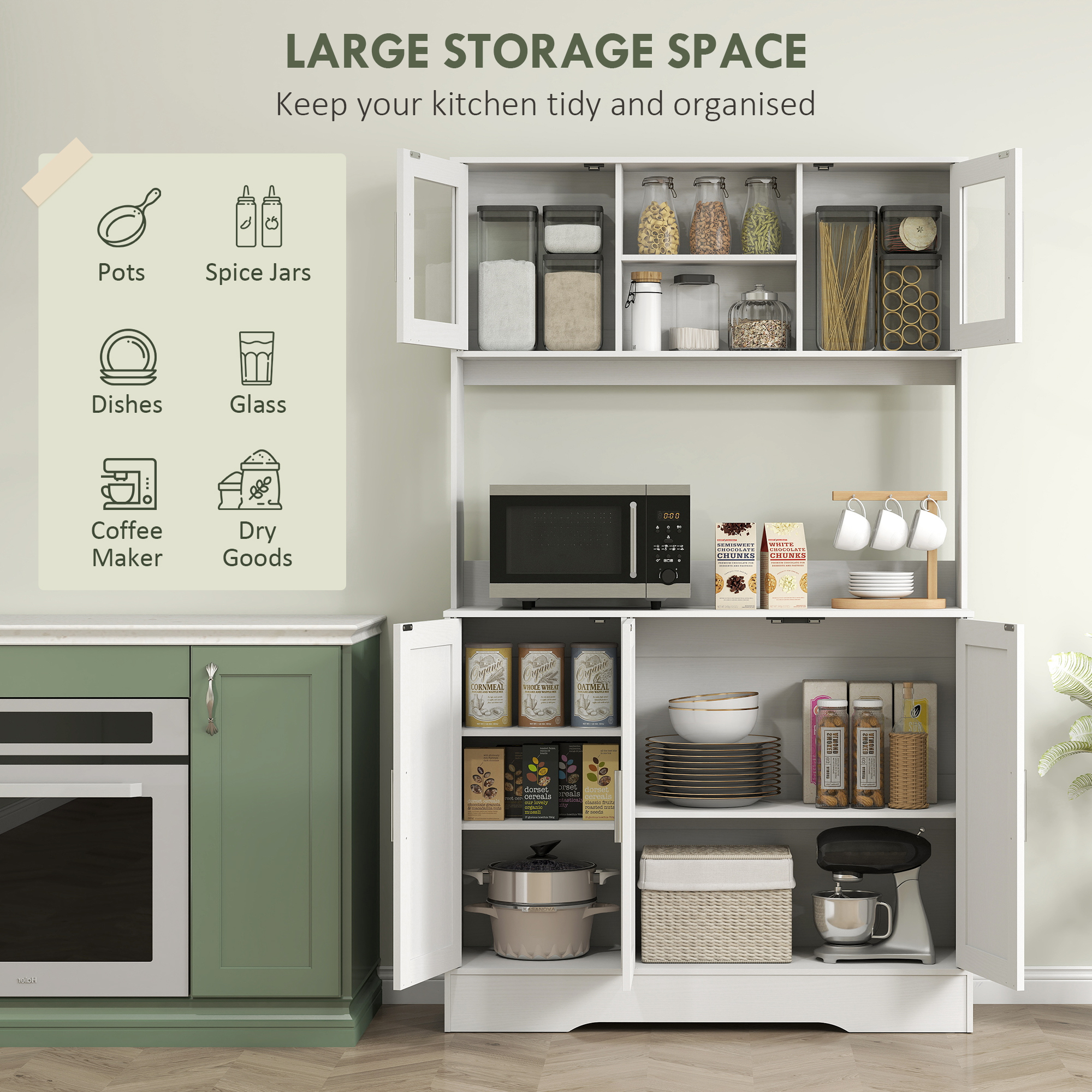  Servanta de Bucatarie inalta de 180 cm, Dulap Dispensa cu 4 Dulapuri, Usi din Sticla Securizata, 2 Rafturi Deschise, Rafturi Reglabile, Blat pentru Cuptorul cu Microunde, pentru Sala de Pranz sau Liv [3]