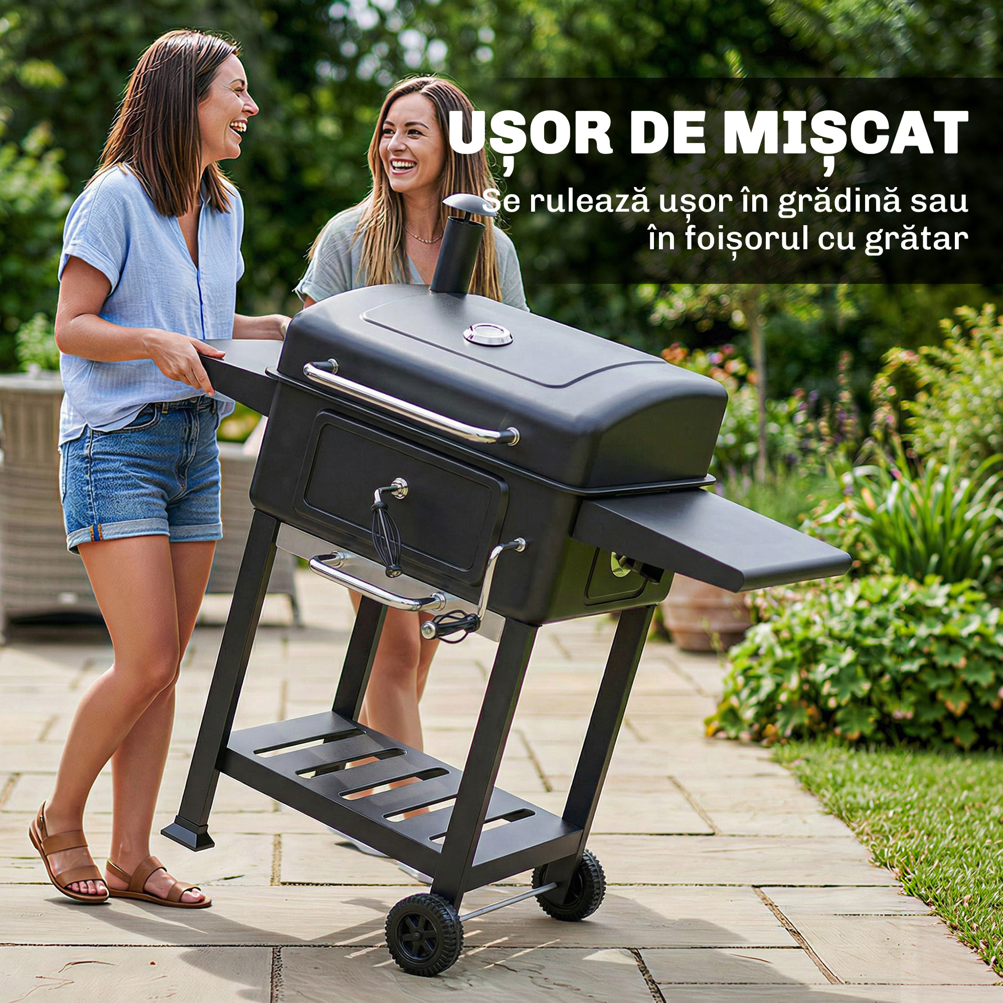  Gratar pe Carbune, Gratar Afumatoare cu Roti pentru Exterior, Negru [8]