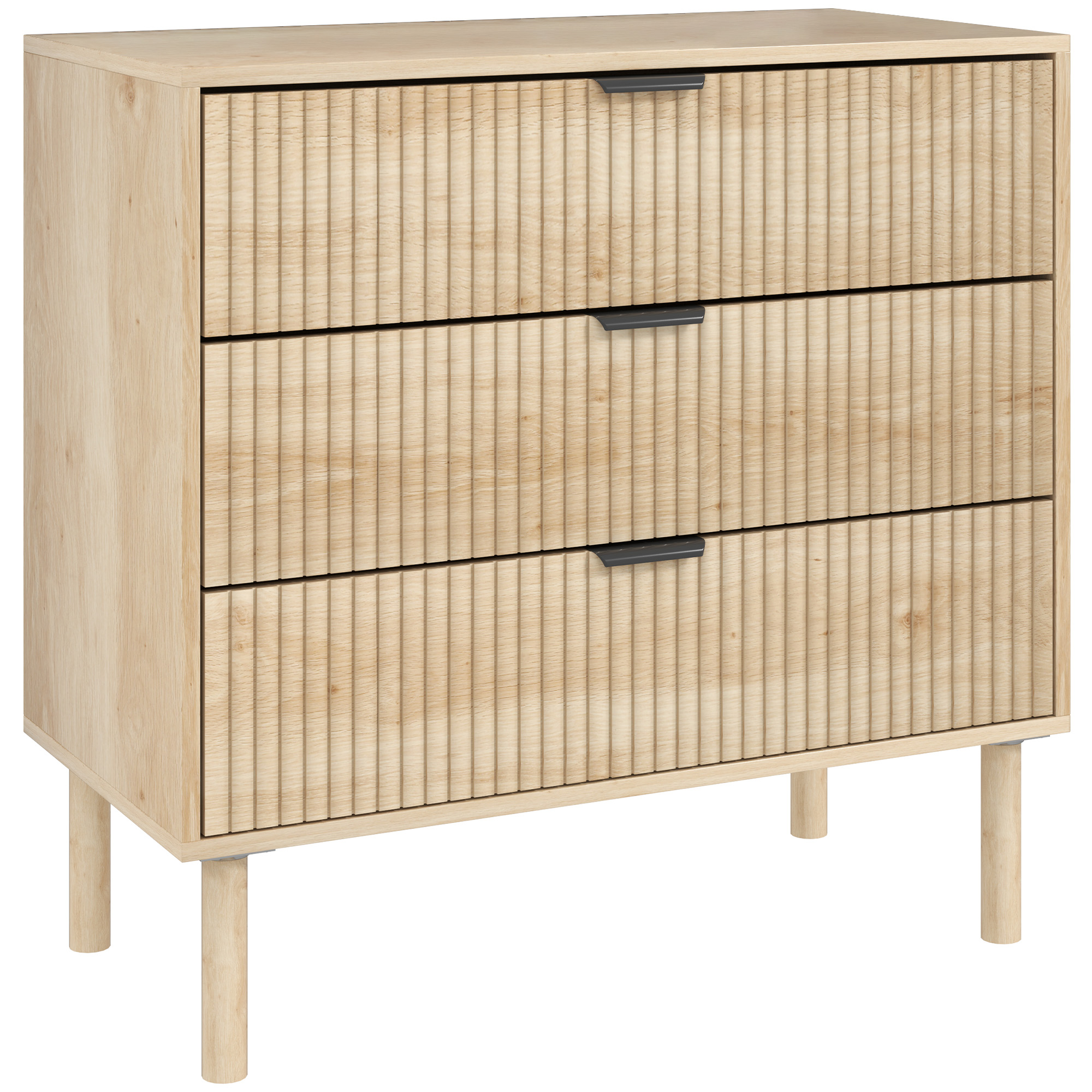 Living & hol -  Comoda cu 3 Sertare, Picioare din Lemn Masiv si Design Canelat, 80x40x77,5 cm, Lemn Natural
