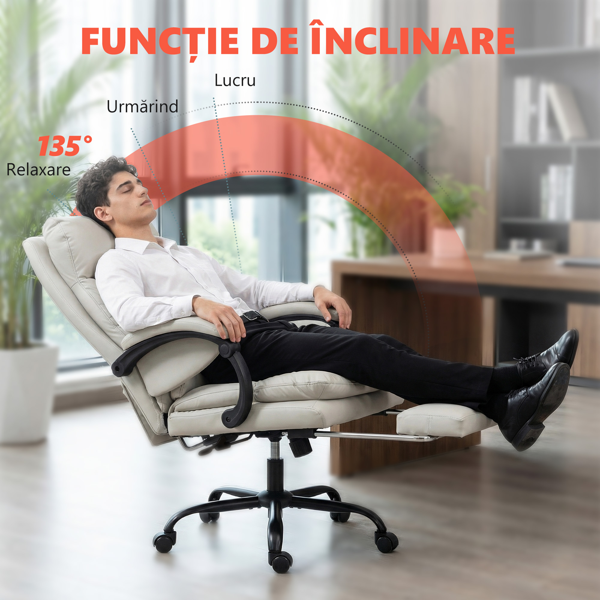 Scaun de birou  cu masaj in 6 puncte, functie de incalzire, rabatabil la 135° din piele sintetica, cu suport pentru picioare, brate captusite, spatar inalt, gri deschis [7]