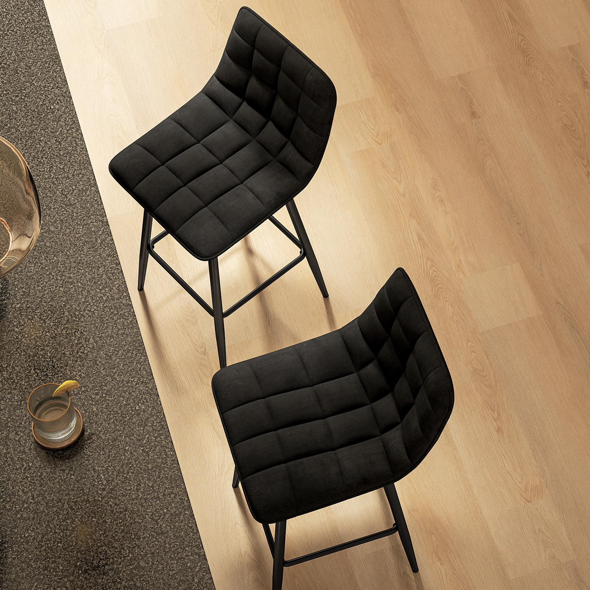  Set 2 Scaune de Bucatarie Stil Nordic din Material Textil cu Efect de Catifea si Metal, 45x47x84 cm, Negru [7]