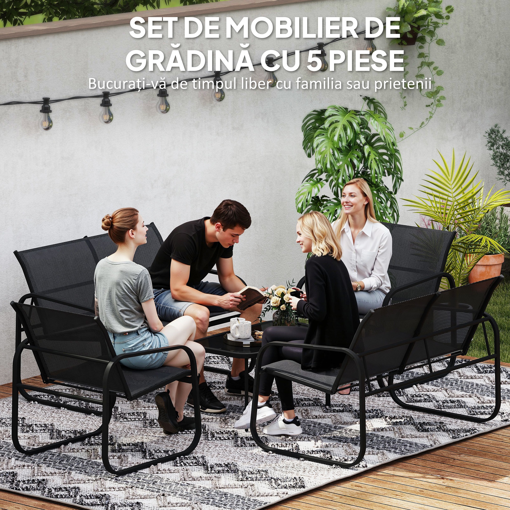  Set de Gradina cu 2 Canapele cu 2 Locuri, 2 Fotolii si o Masuta de Cafea cu Blat din Sticla, Negru [3]