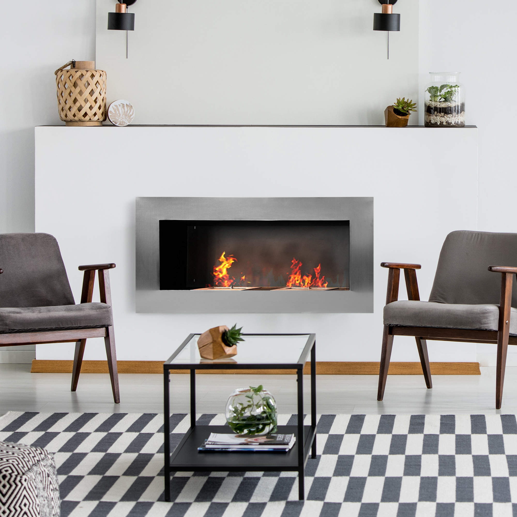  semineu pe Bioetanol Inox 110×54×14 cm cu 2 Arzatoare, Capacitate 1.5L, semineu Ecologic Suspendat pentru Interior [1]