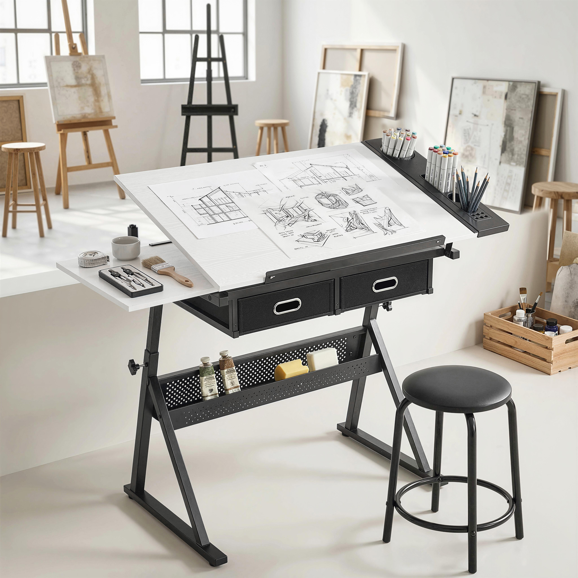  Masa de desen cu taburet si 2 sertare, inaltime reglabila, blat inclinabil 0° à 60°, 120 x 60 x 68-92 cm, alb [3]