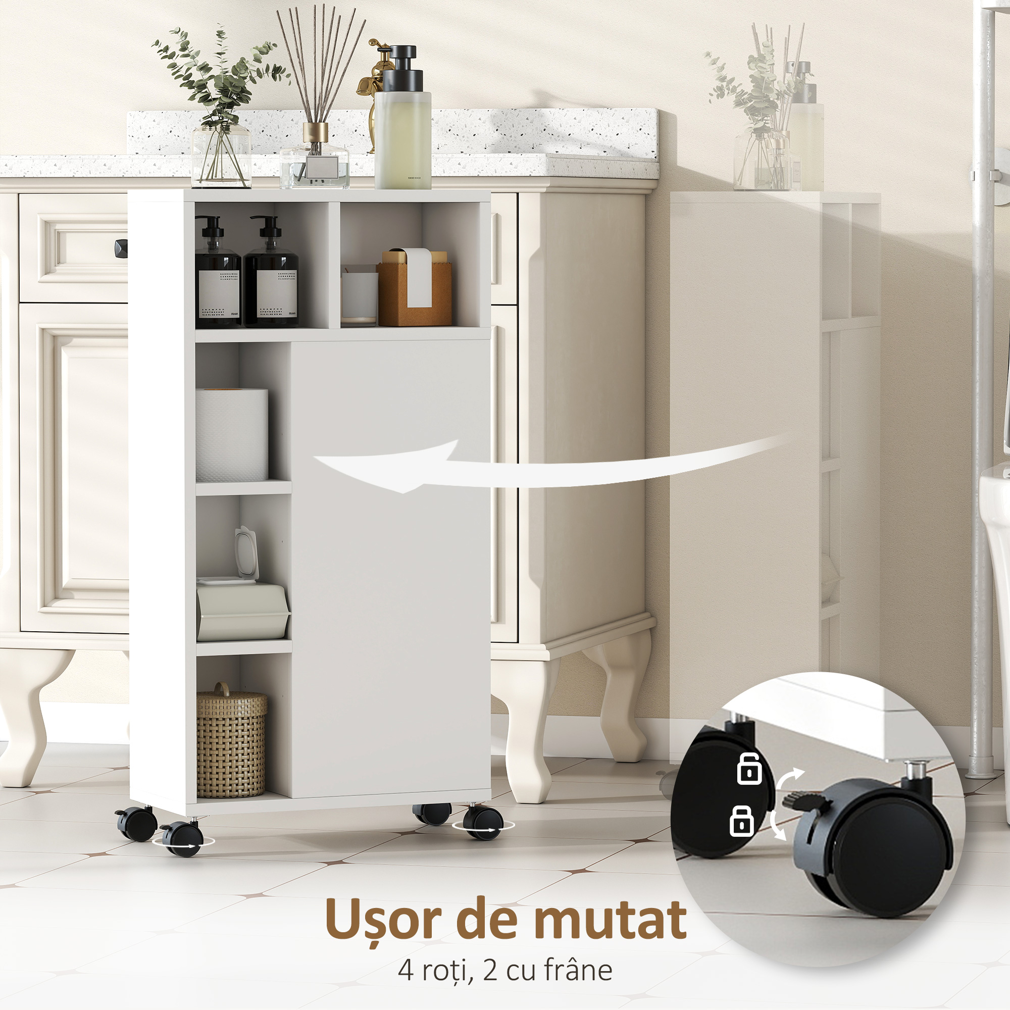  Dulap de baie cu economisire de spatiu, pe roti, 3 sertare si 5 rafturi reglabile, 20x40x80 cm, alb [5]